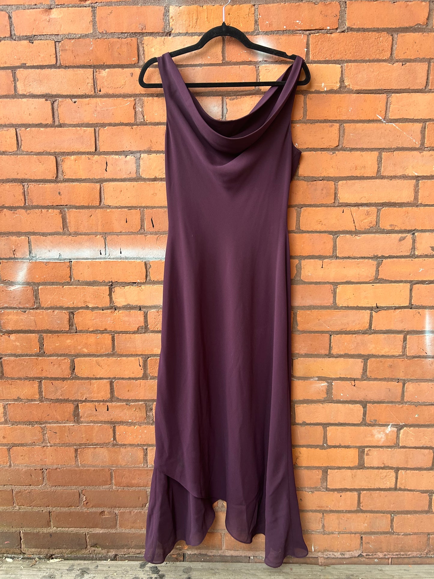 90’s Vintage Eggplant Purple Cowl Neck Off the Shoulder Dress / Size 12-14