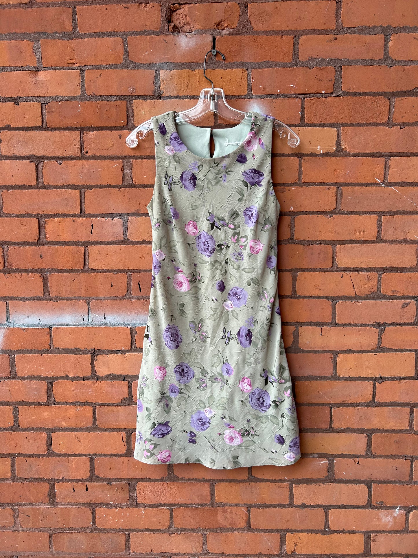 90’s Vintage Green Rose Print High Neck Mini Dress / Size 6-8