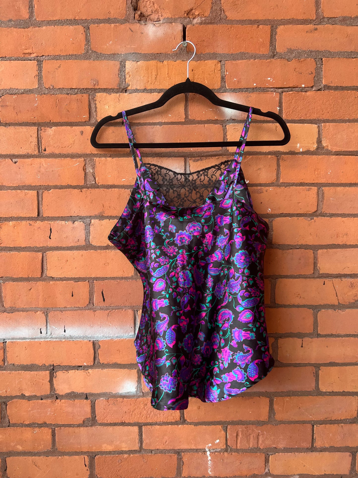 90’s Vintage Purple & Pink Paisley Satin Lace Tank Top / Size L