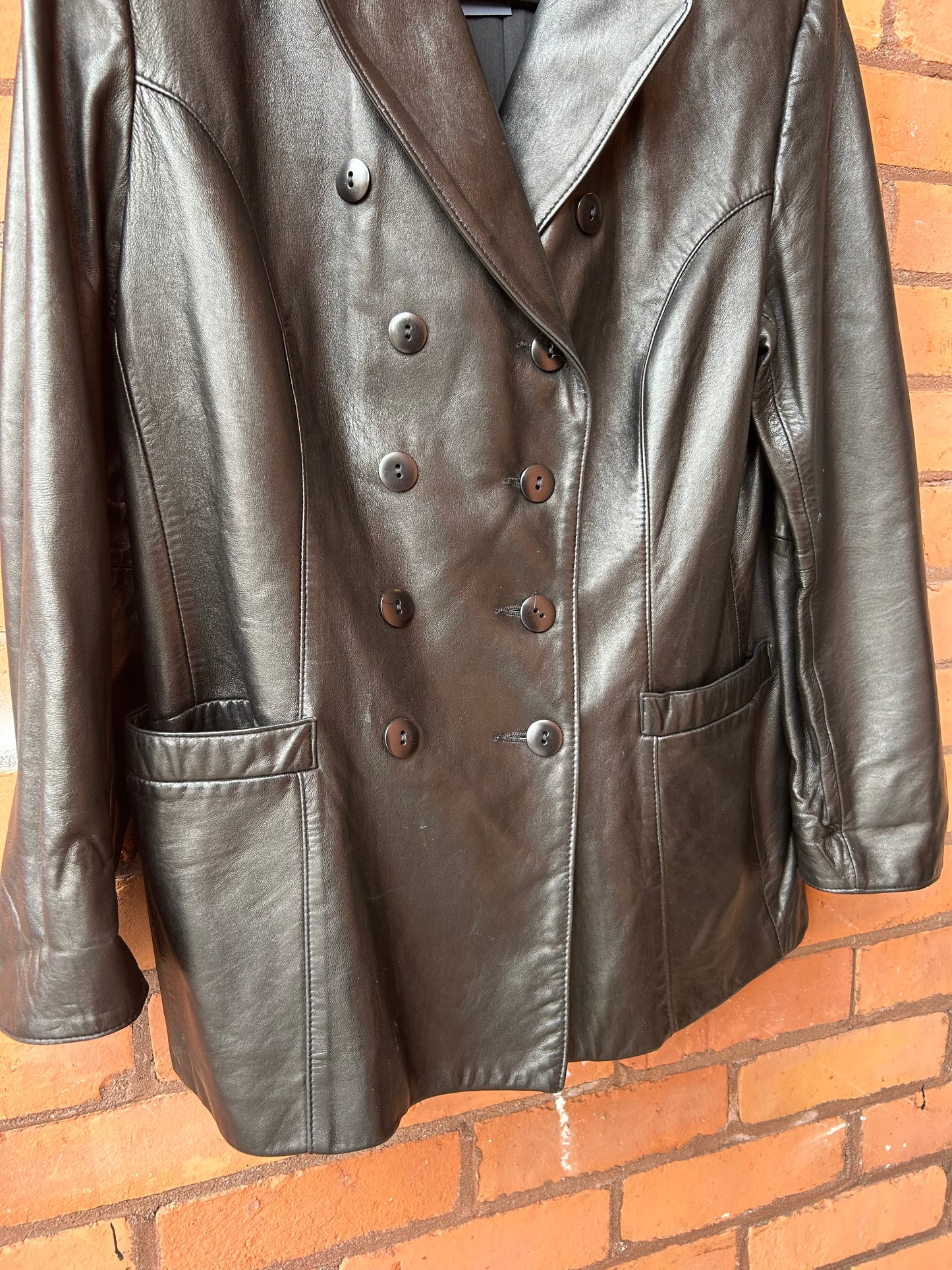 90’s Vintage Black Leather Double Breasted Jacket / Size M