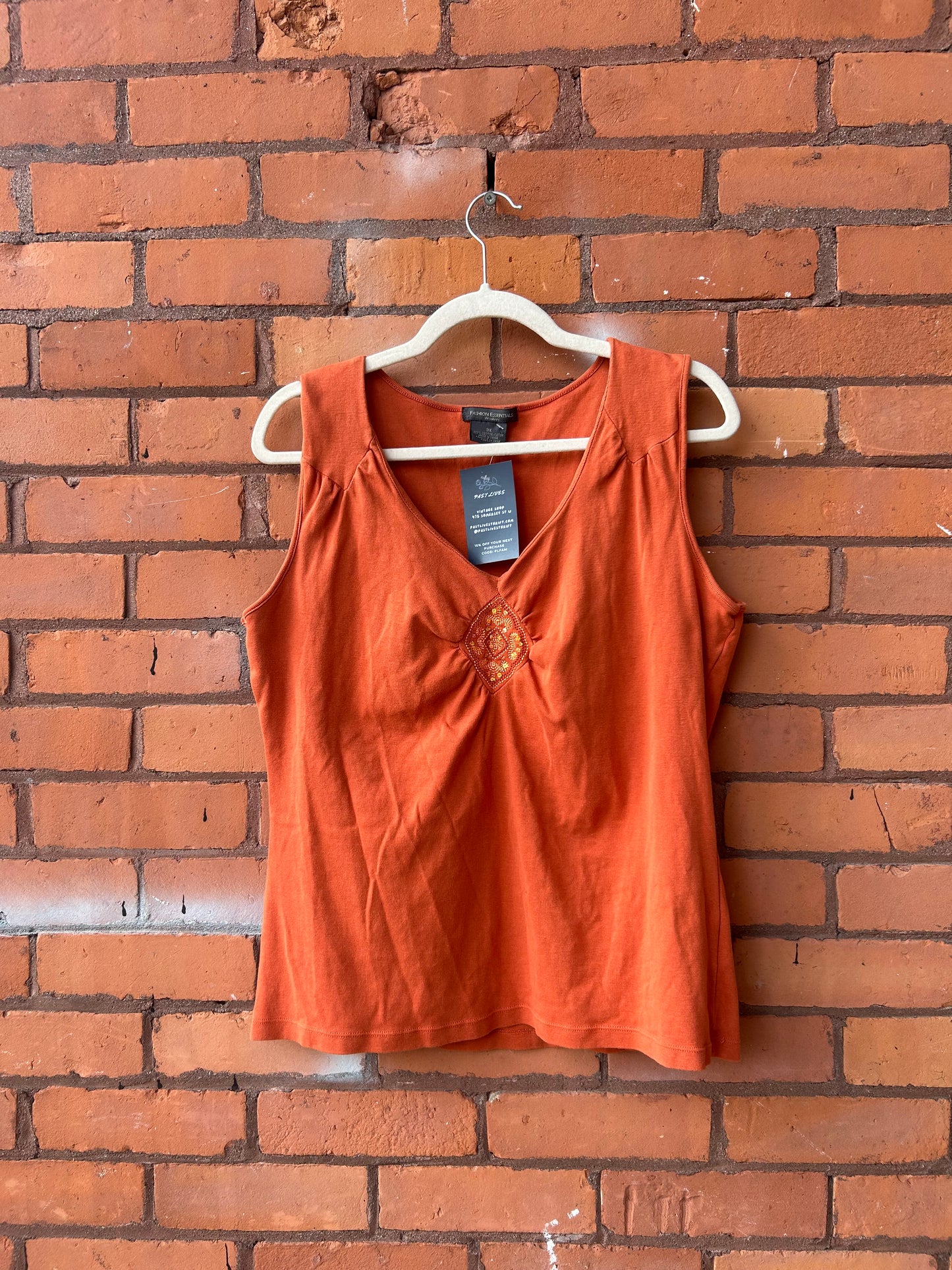 Y2K Vintage Orange Cotton & Sequin Boho Tank Top / Size 3X