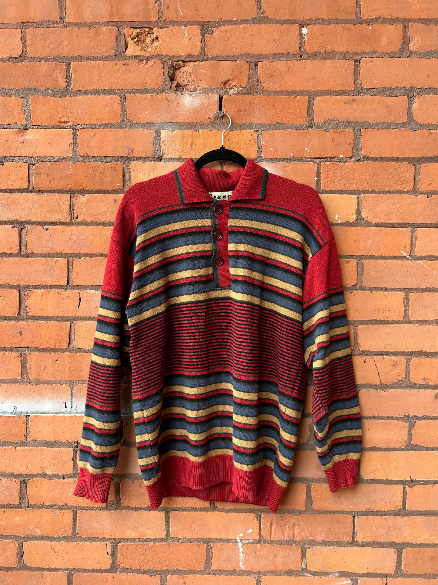 90’s Vintage Red Yellow & Blue Striped Lambswool Henley Sweater / Size L
