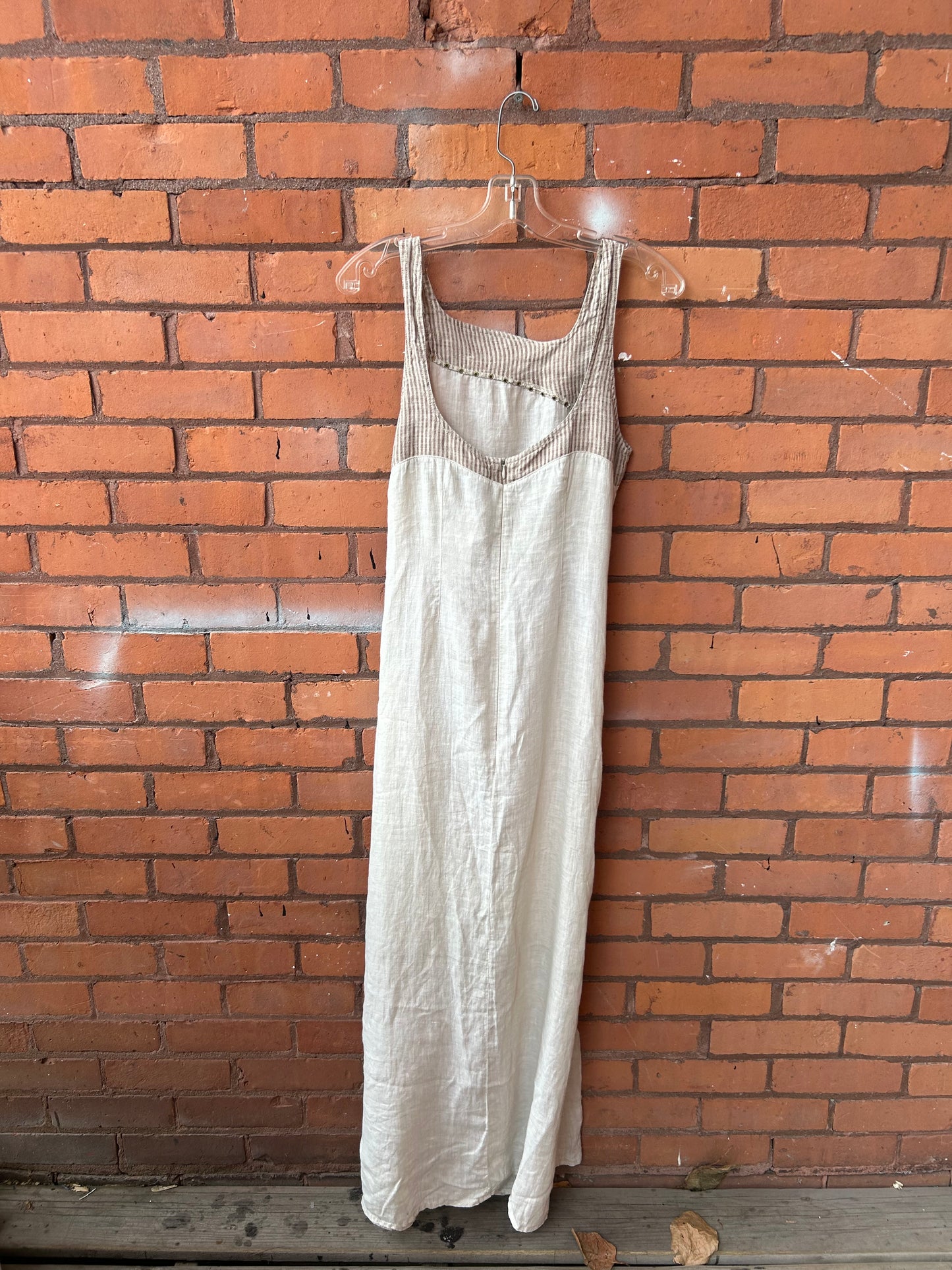 90’s Vintage Beige & Striped Linen Maxi Dress / Size 12