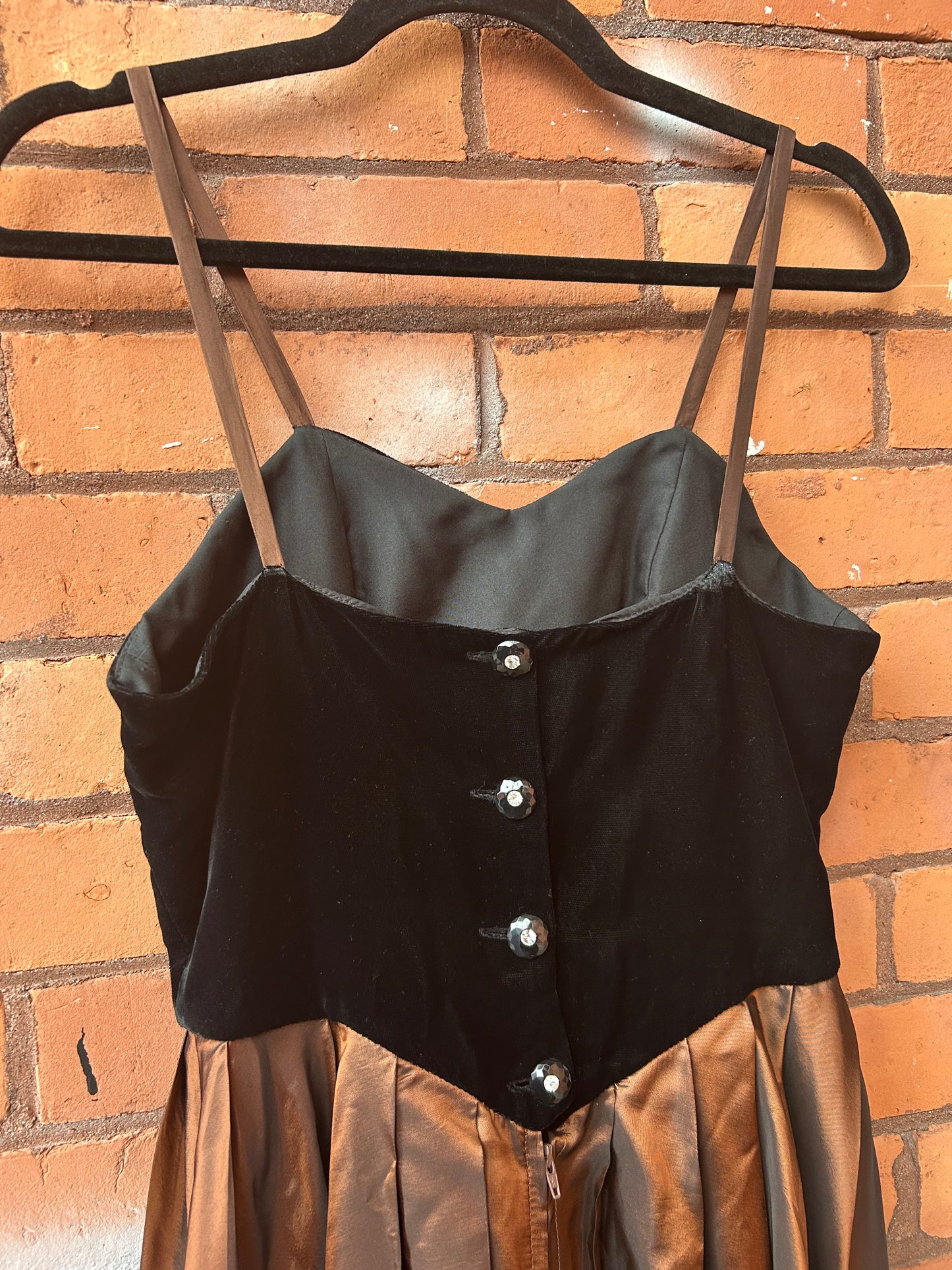 90’s Vintage Brown & Black Velvet Pleated Princess Cut Midi Dress / Size 2-4