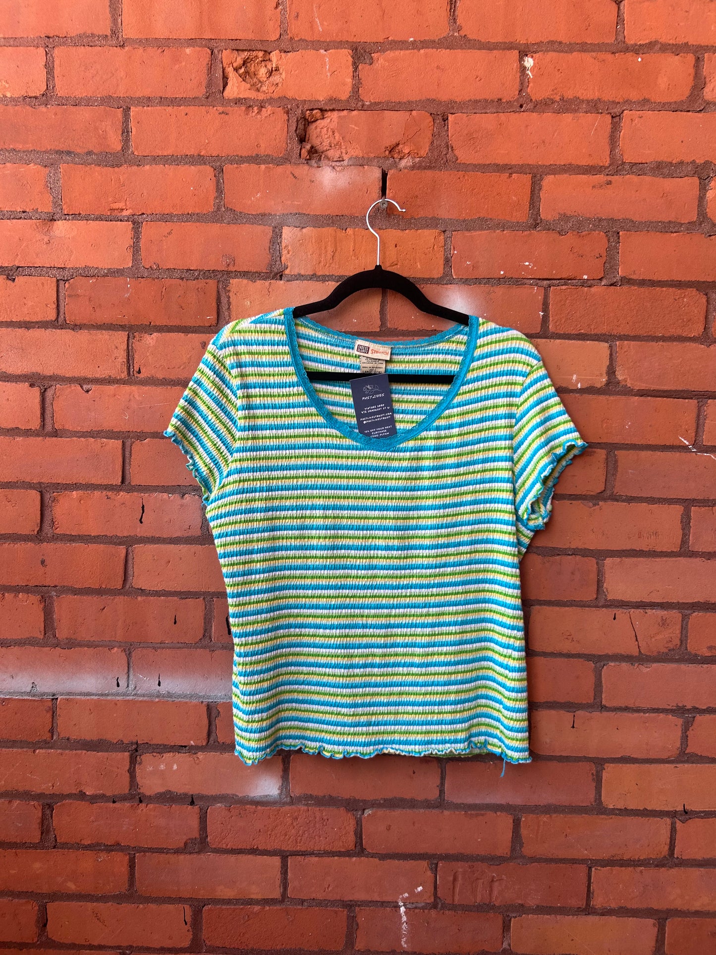 90’s Vintage Blue & Green Striped Ruched Tee / Size L