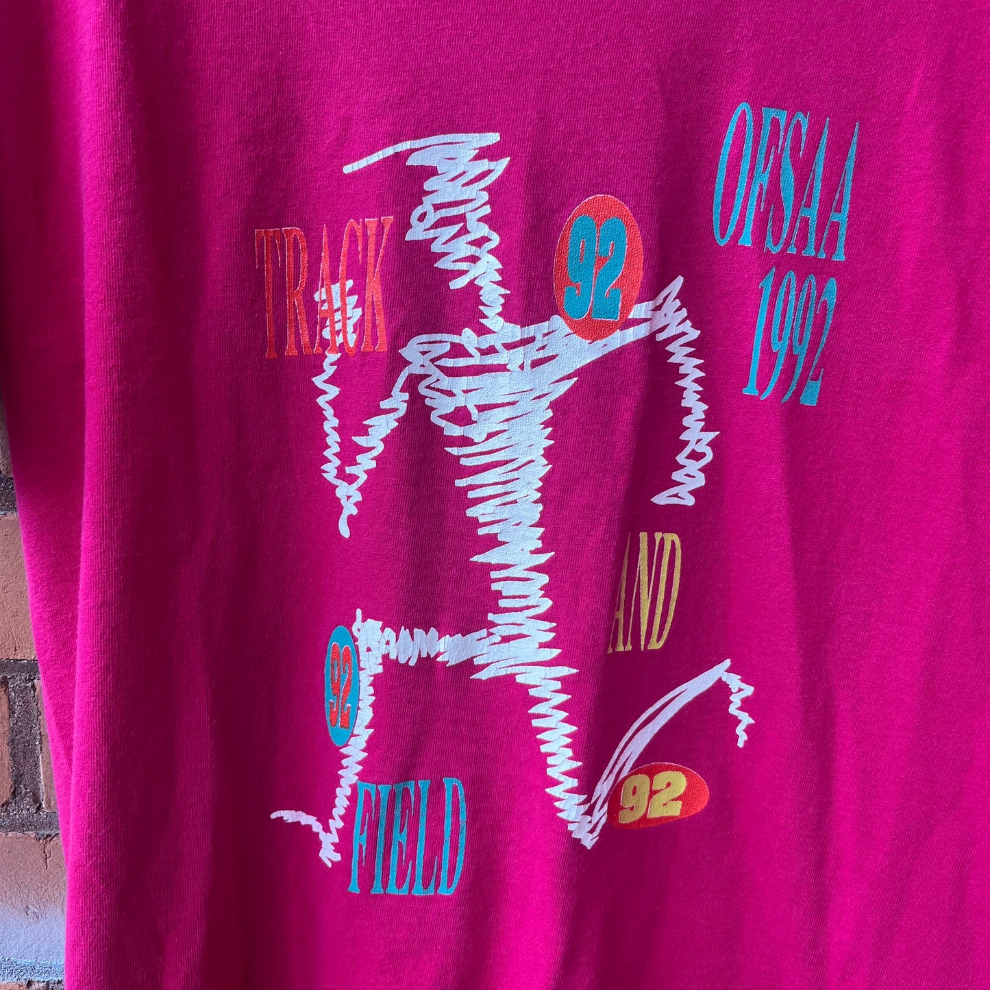 1992 Vintage Fuchsia Pink Track & Field Tee / Size L