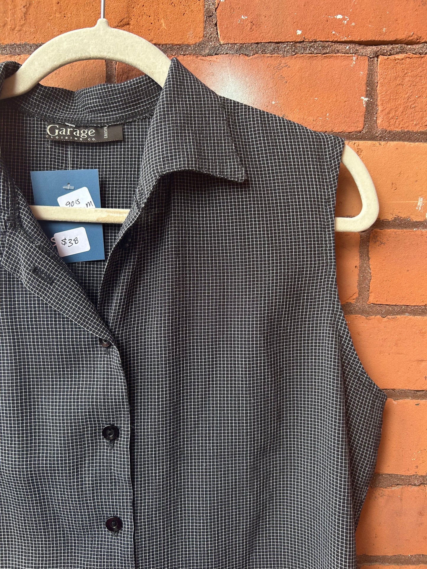 90’s Vintage Navy & White Grid Print Button Down Tank / Size M