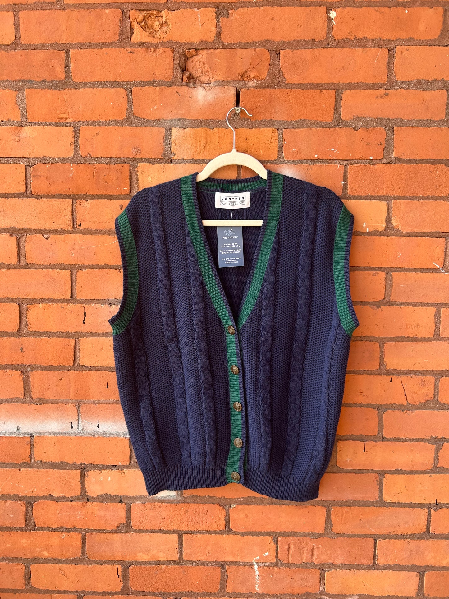 90’s Vintage Navy & Green Cotton Cable Knit Sweater Vest / Size XL