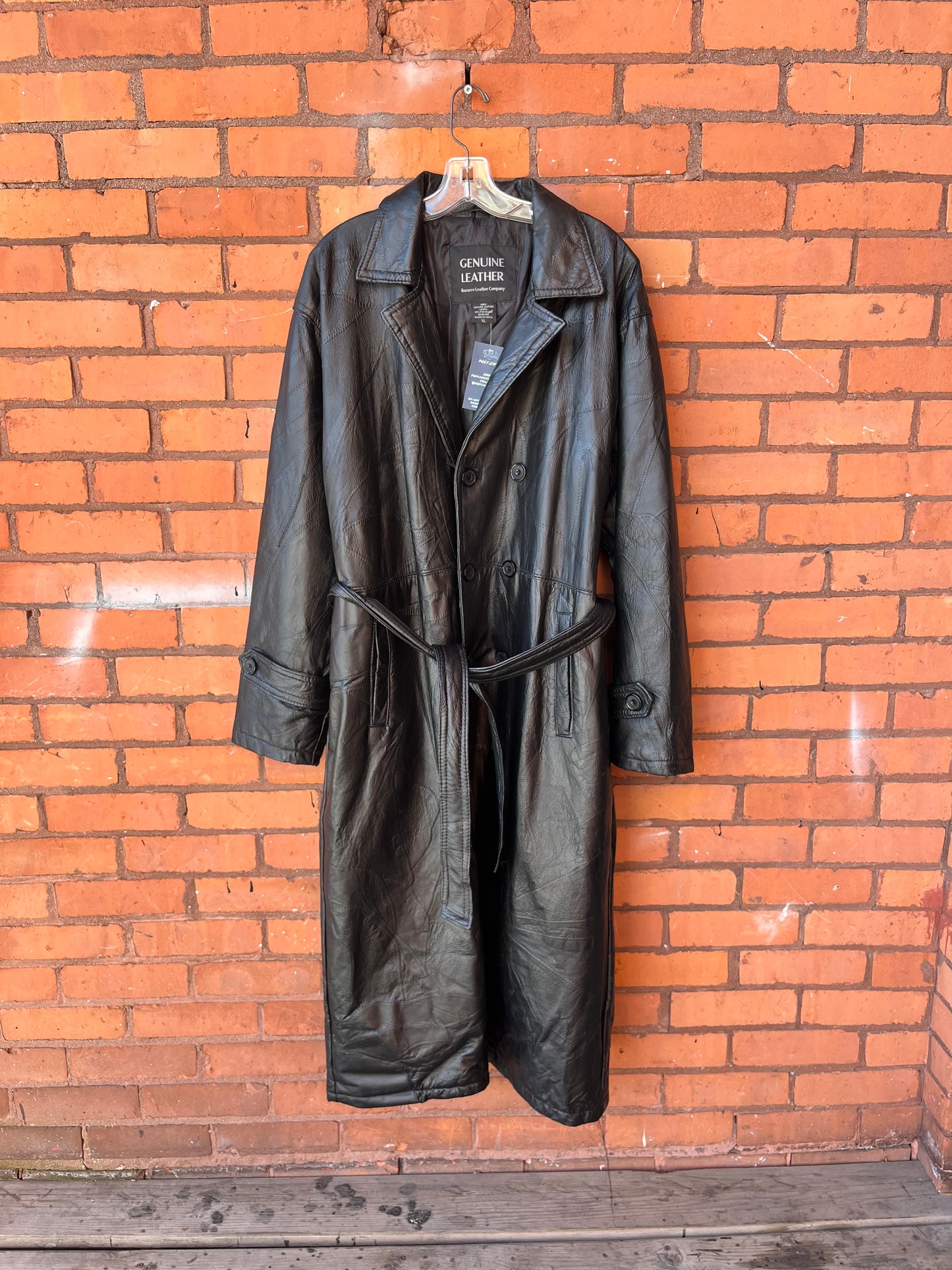90’s Vintage Black Leather Patchwork Double Breasted Trench Coat / Size XL