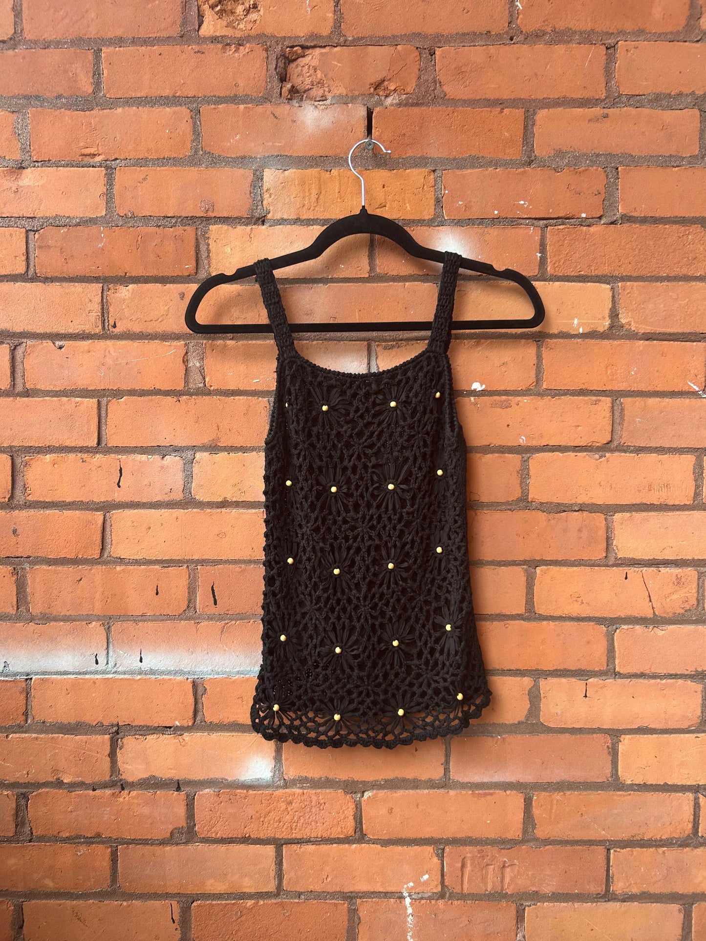 90’s Vintage Black Floral Beaded Crotchet Knit Tank Top / Size XS