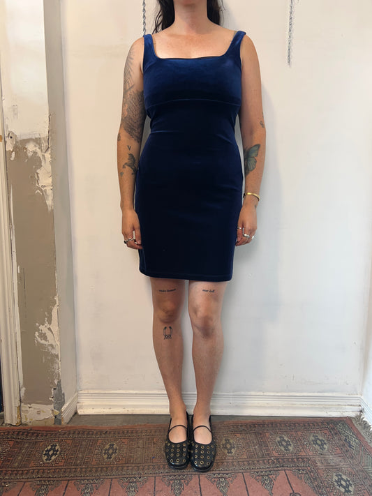 90’s Vintage Midnight Blue Velvet Mini Dress / Size M