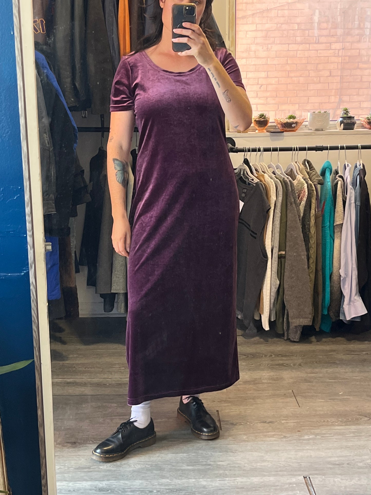 90’s Vintage Purple Velvet Tshirt Maxi Dress / Size L-XL