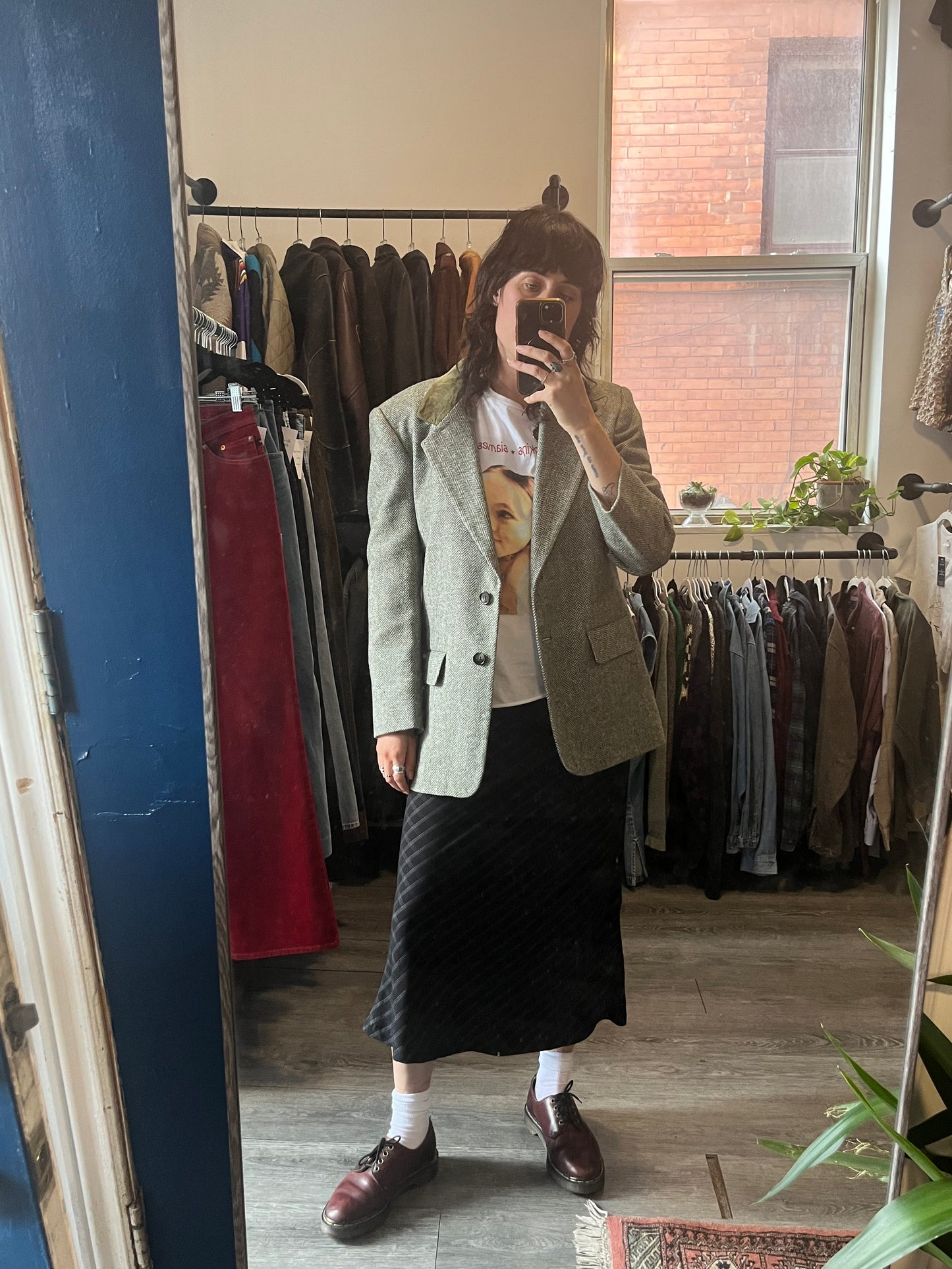 90’s Vintage Miss Green Chevron Wool & Suede Blazer / Size L
