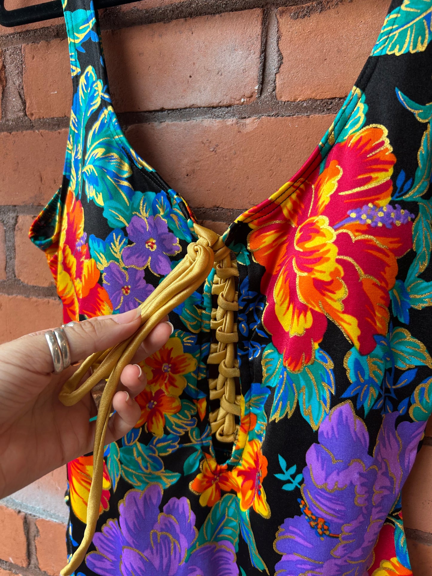 90’s Vintage Floral Lace Up Swim Suit / Size M