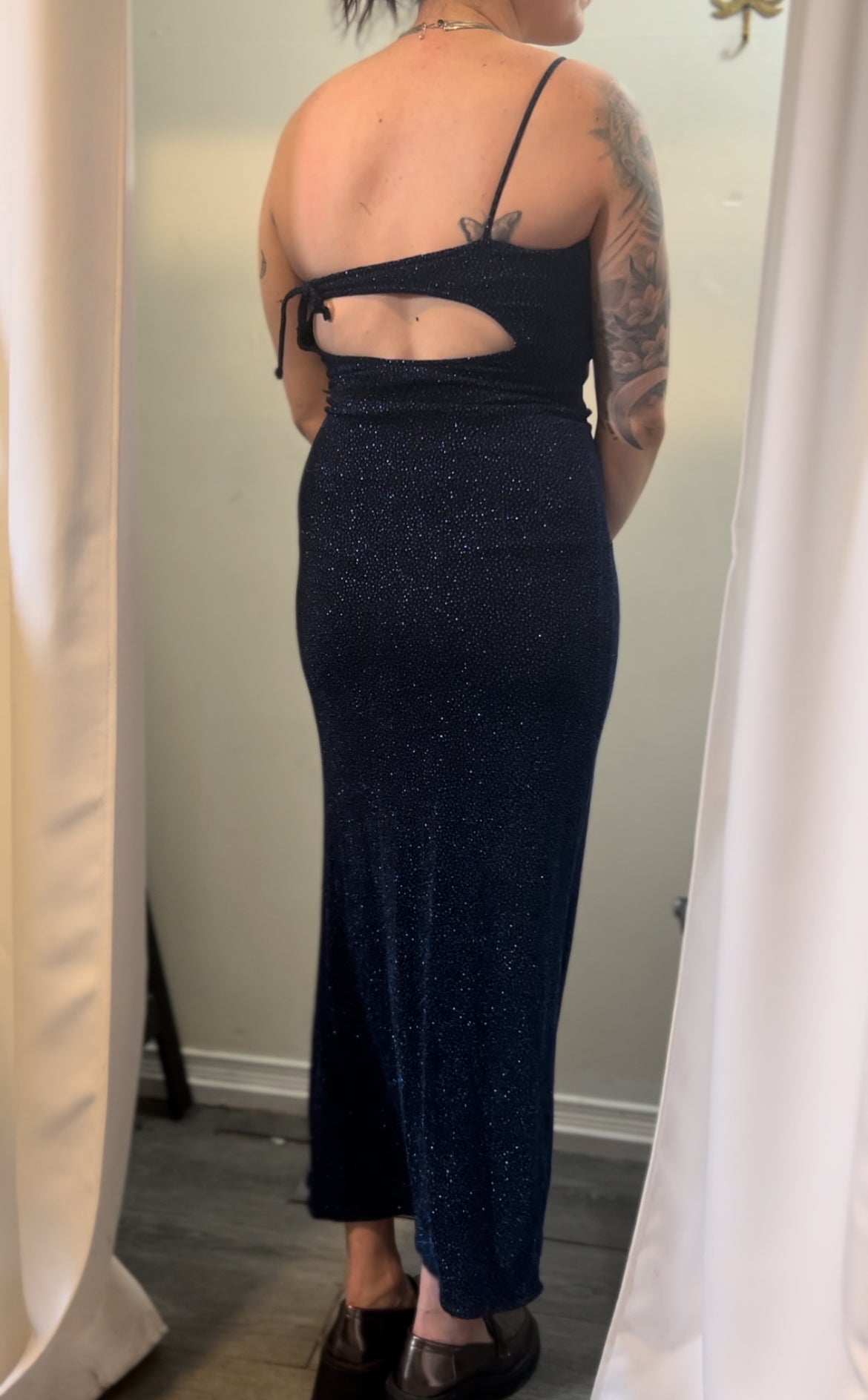 90’s Vintage Sparkly Midnight Blue One Shoulder Tie Back Dress / Size 6-8