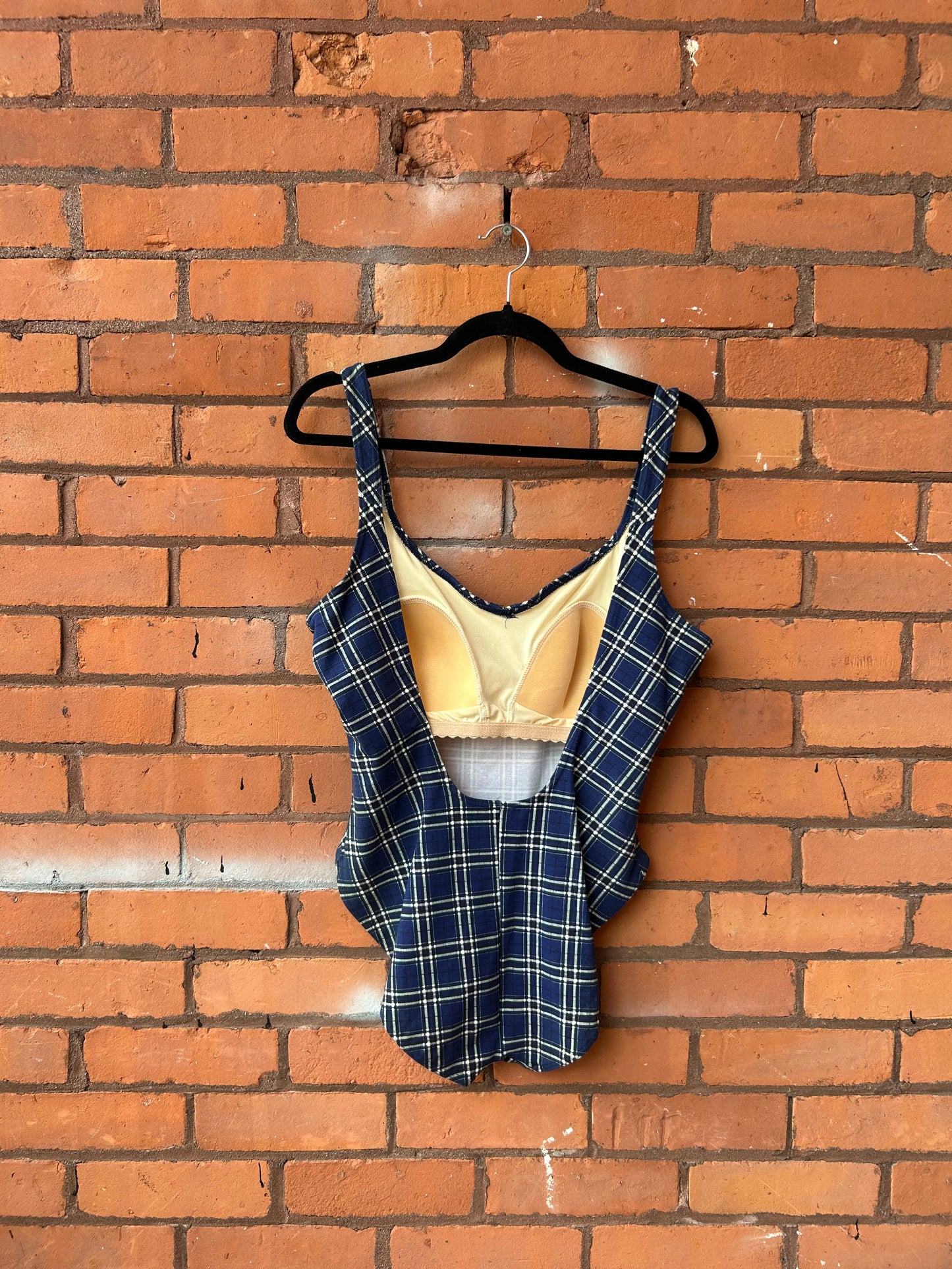 90’s Vintage Navy Plaid Cotton Low Back Body Suit / Size M