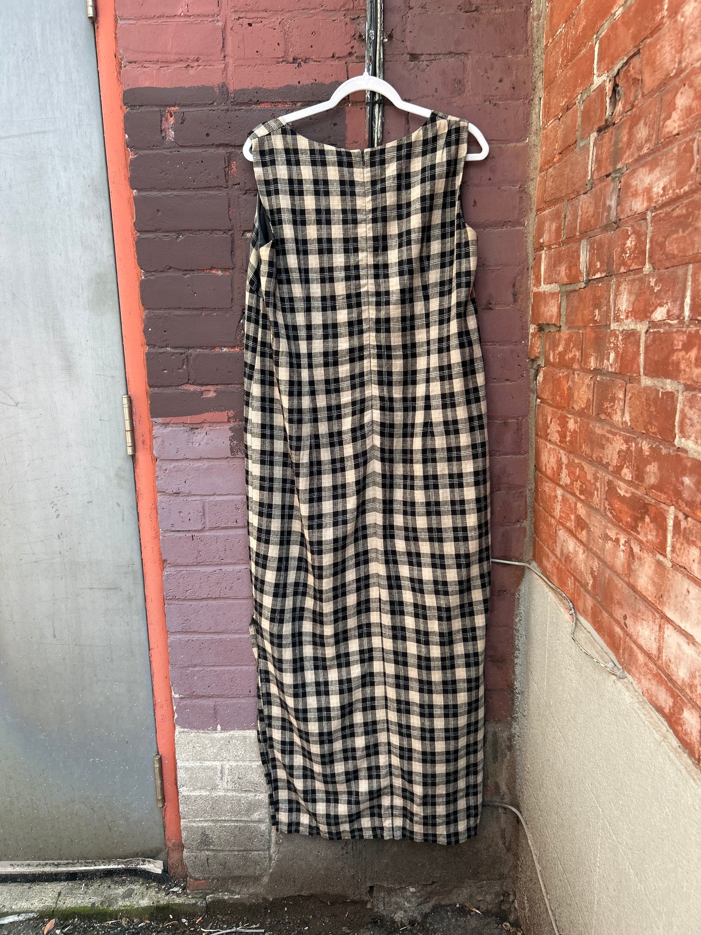 90's Vintage Beige Plaid Linen Blend Maxi Dress / Size 18