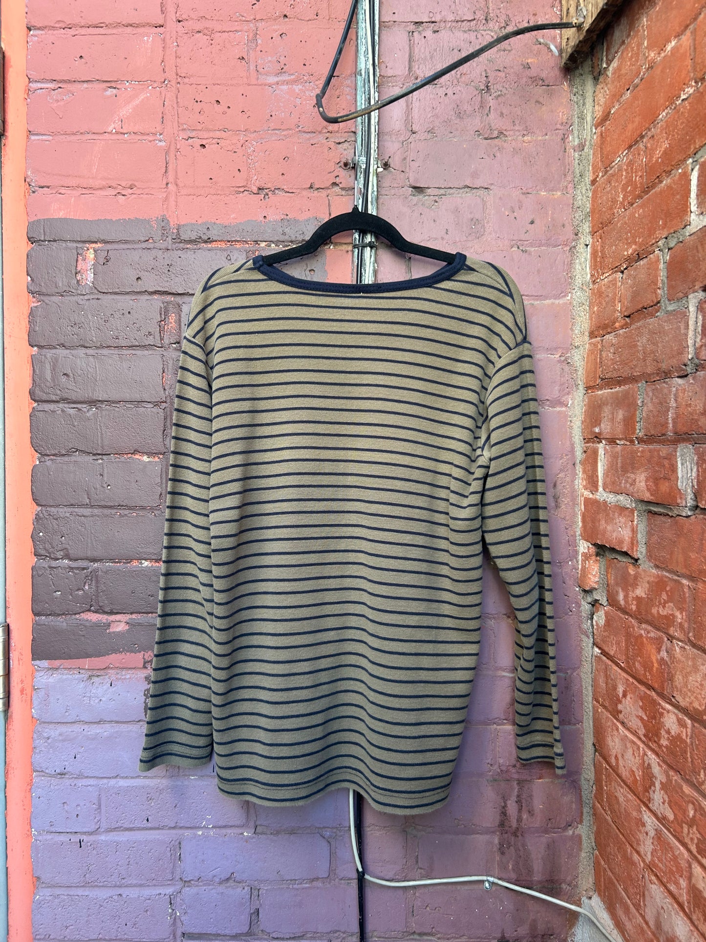 90’s Vintage Olive Green & Navy Striped Cotton Longsleeve / Size M