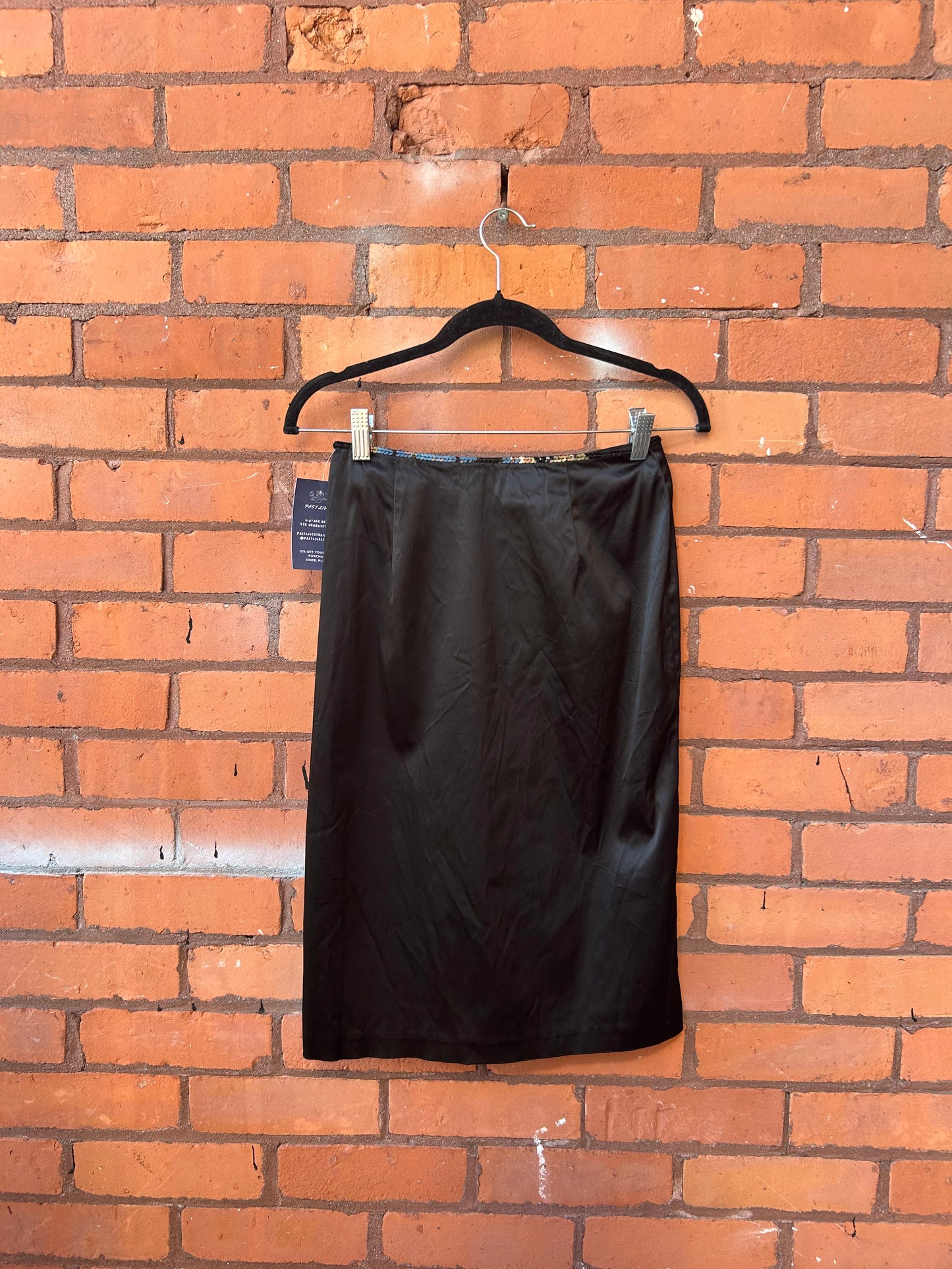 90’s Vintage Black Sequin Satin Midi Skirt / 24 Waist