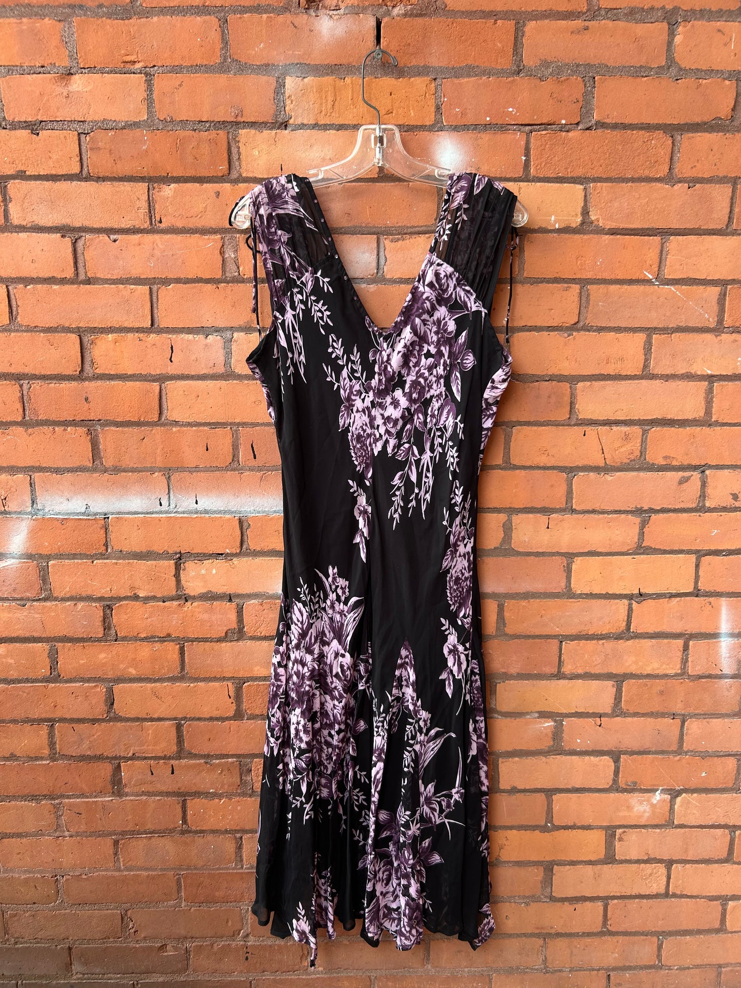 Y2K Vintage Purple & Black Floral Tie Shoulder Fairy Dress / Size 18