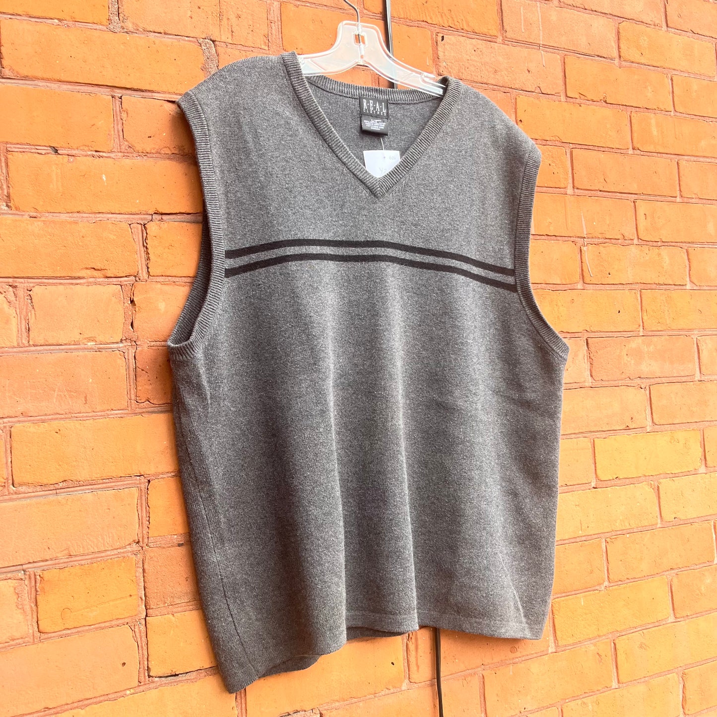 Y2K Vintage Grey & Black Striped Cotton Sweater Vest / Size XL