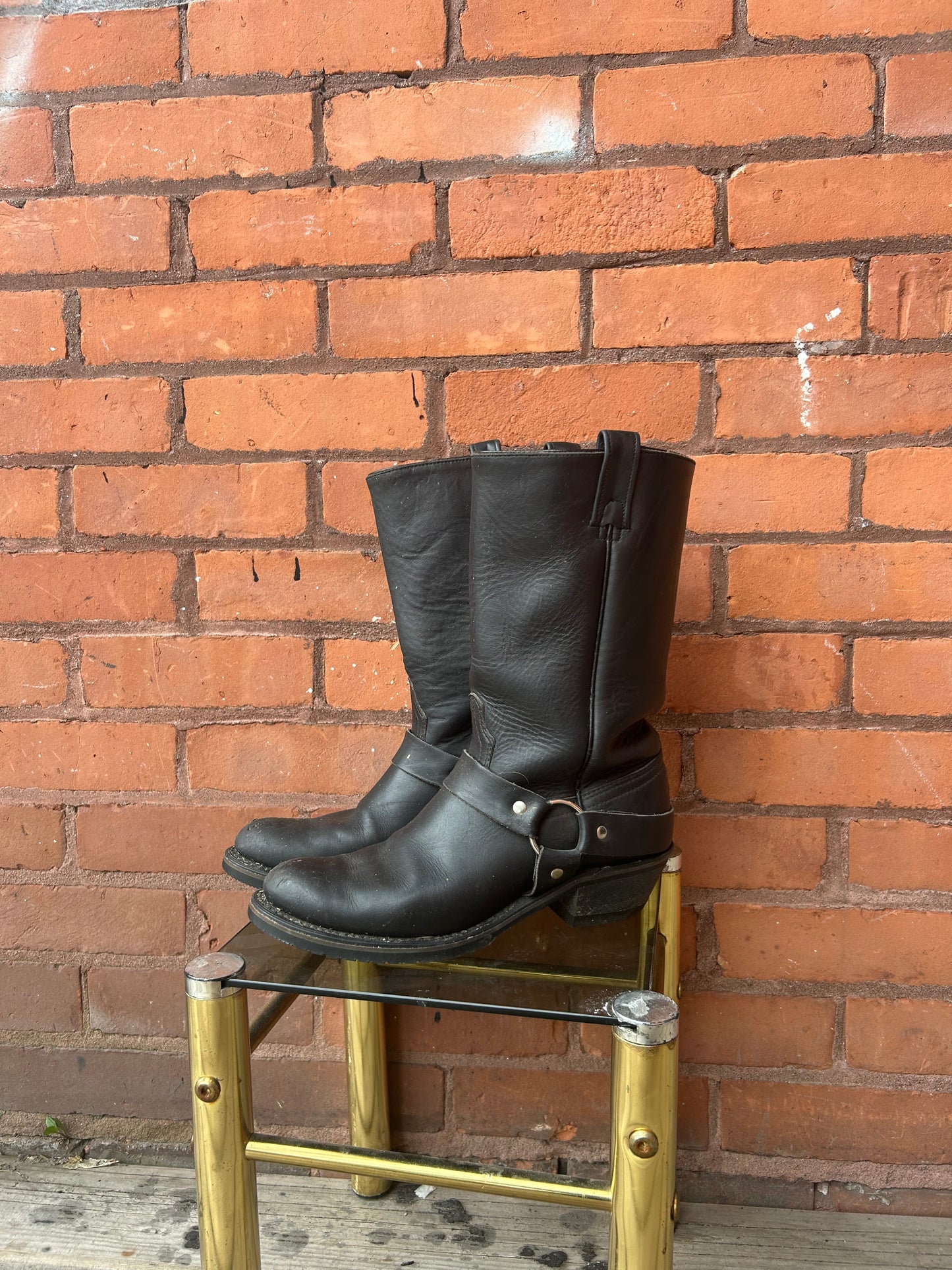 90’s Vintage Black Leather Harness Cowboy Boots / Size 7.5