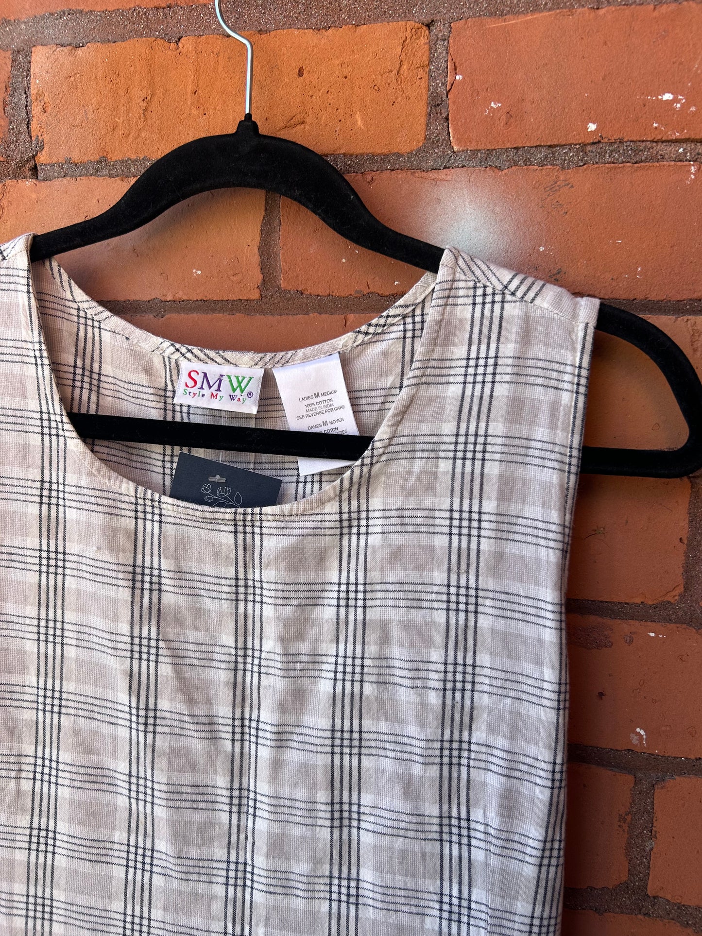 90’s Vintage Beige & White Plaid Cotton Button Side Maxi Dress/ Size M