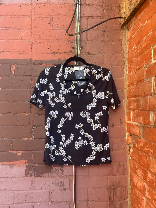 Y2K Vintage Navy Floral Sheer Scoop Neck Tee / Size S