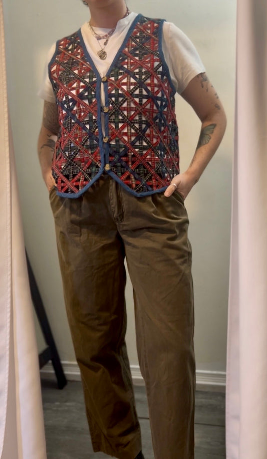 90’s Vintage Plaid Lattice & Denim Vest / Size S-M