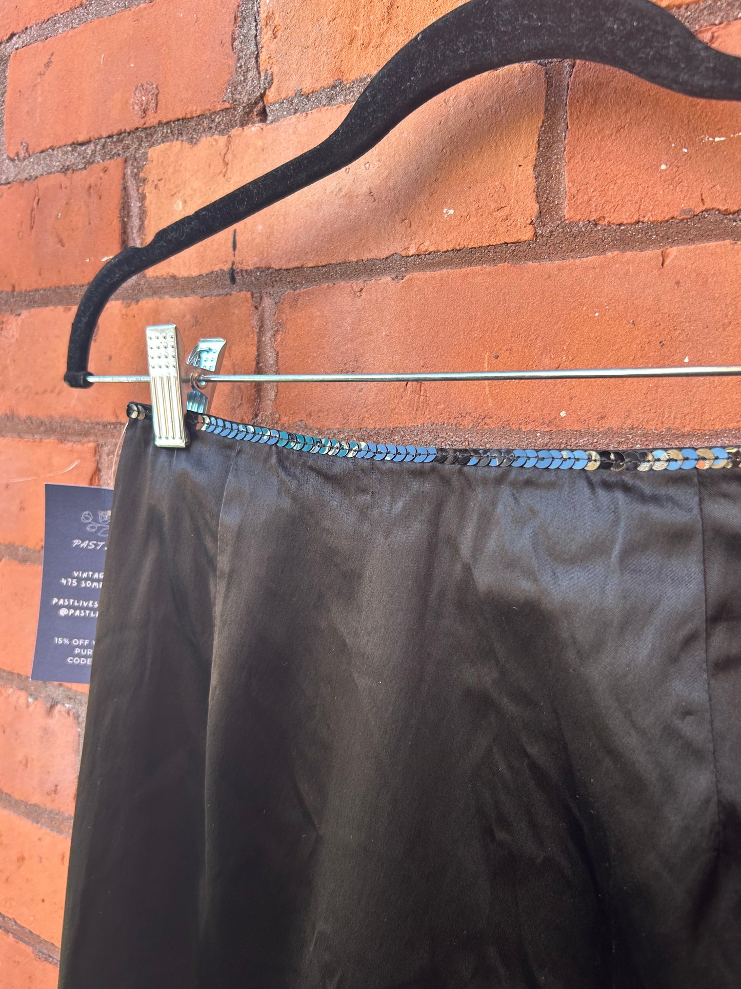 90’s Vintage Black Sequin Satin Midi Skirt / 24 Waist