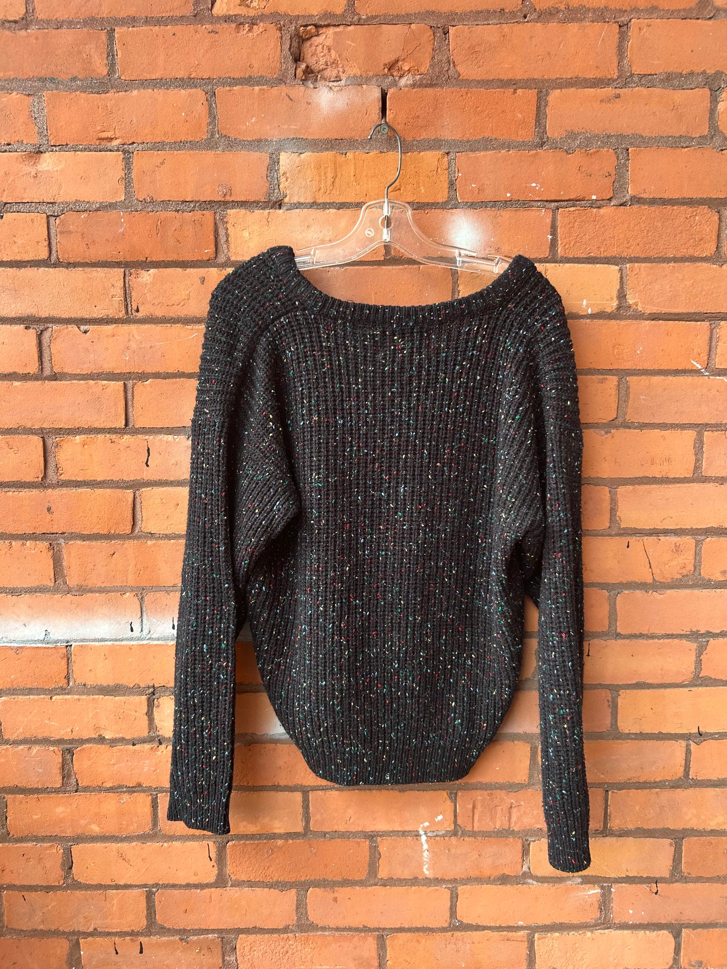 90’s Vintage Black & Rainbow Speckled V-neck Sweater / Size M