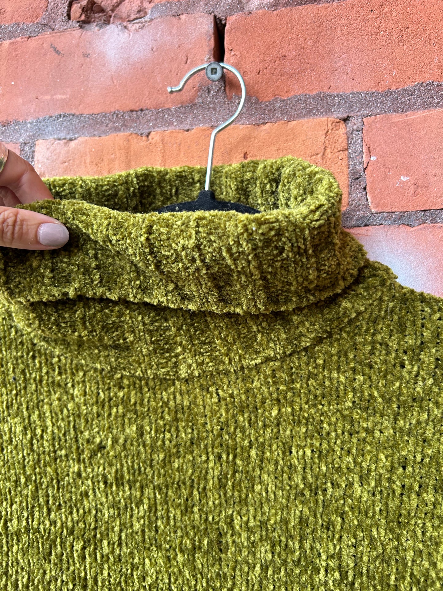 90’s Vintage Green & Black Striped Chenille Turtleneck Sweater / Size M