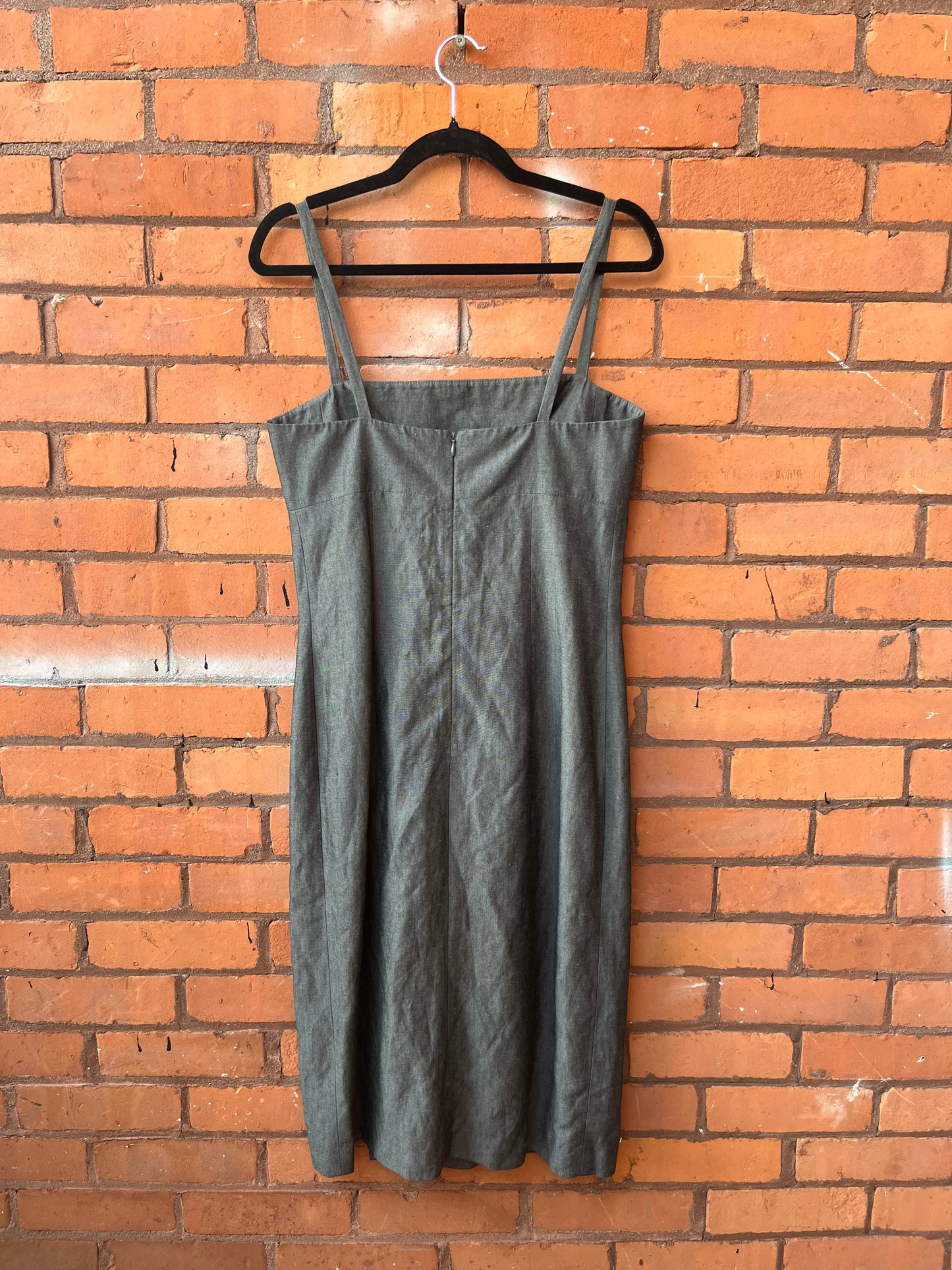 90’s Vintage Grey Square Neck Linen Blend Midi Dress / Size 6-8