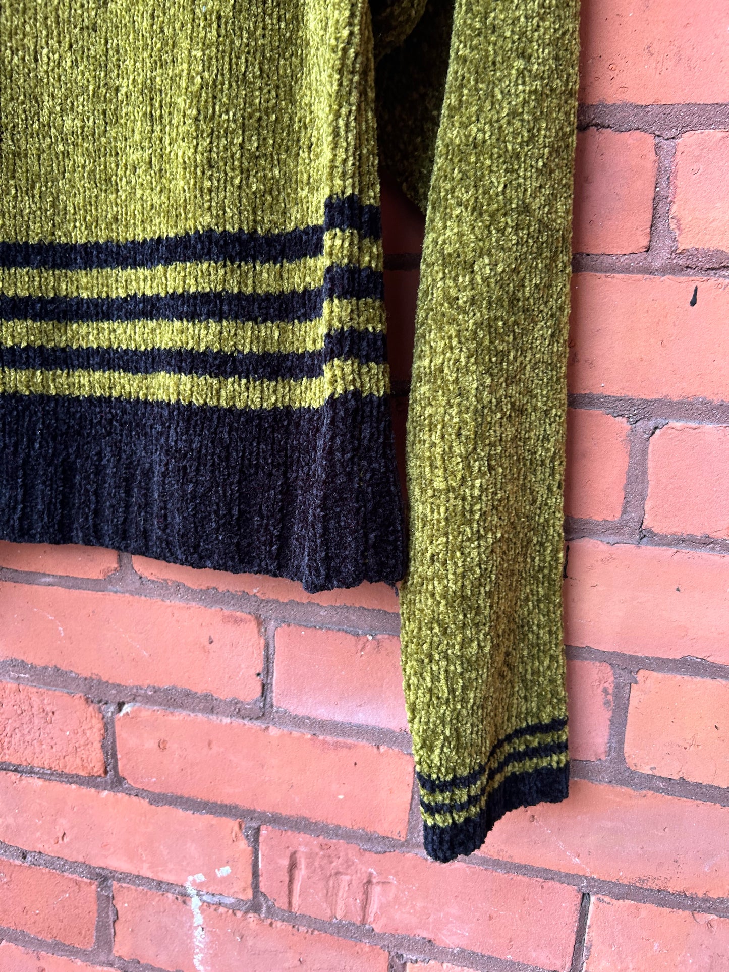 90’s Vintage Green & Black Striped Chenille Turtleneck Sweater / Size M