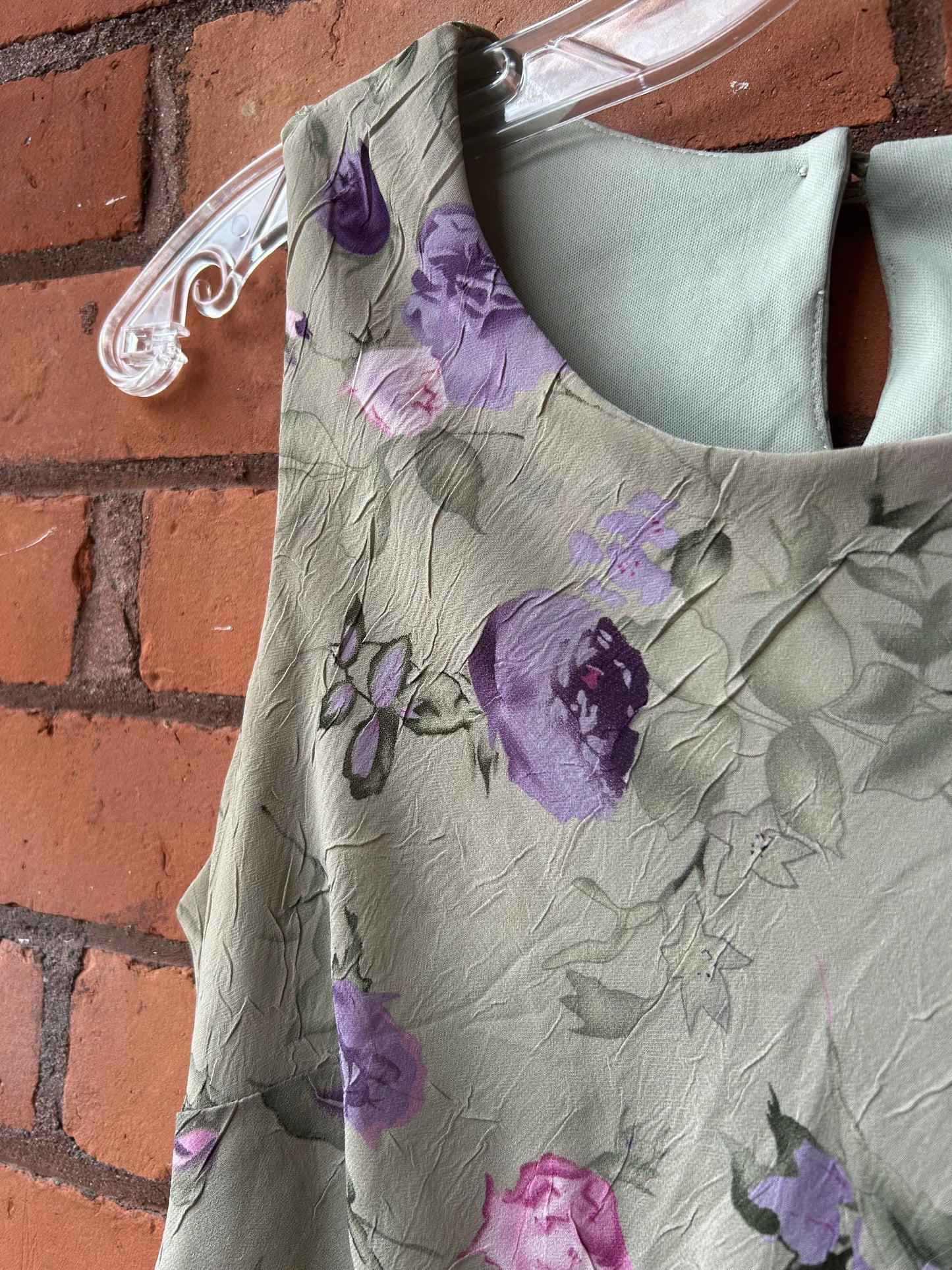 90’s Vintage Green Rose Print High Neck Mini Dress / Size 6-8