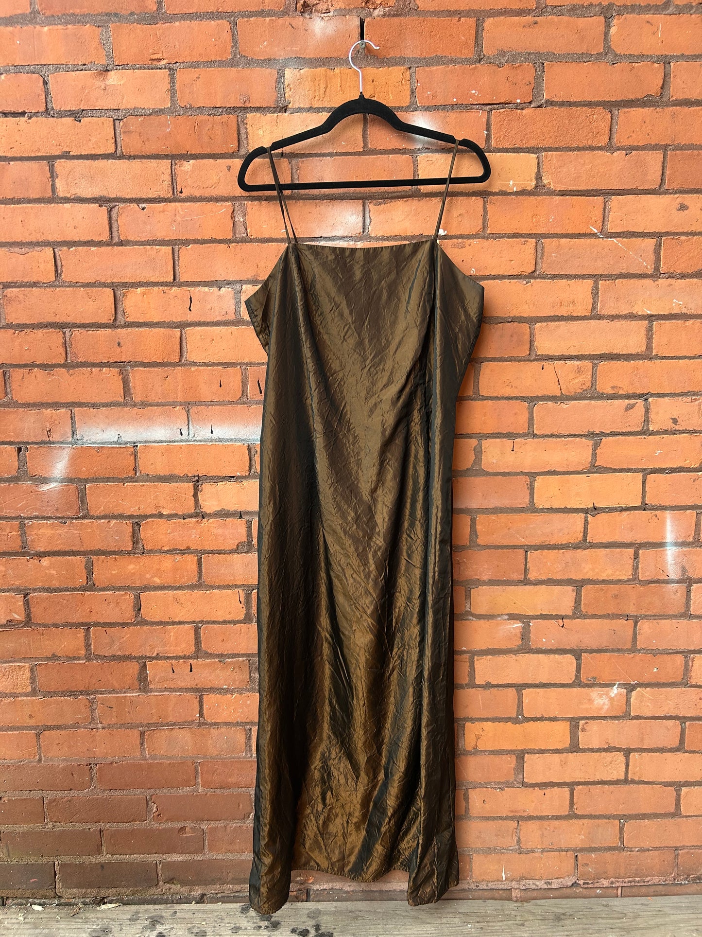 90’s Vintage Brown Metallic Square Neck Dress & Bolero Set / Size 14-16