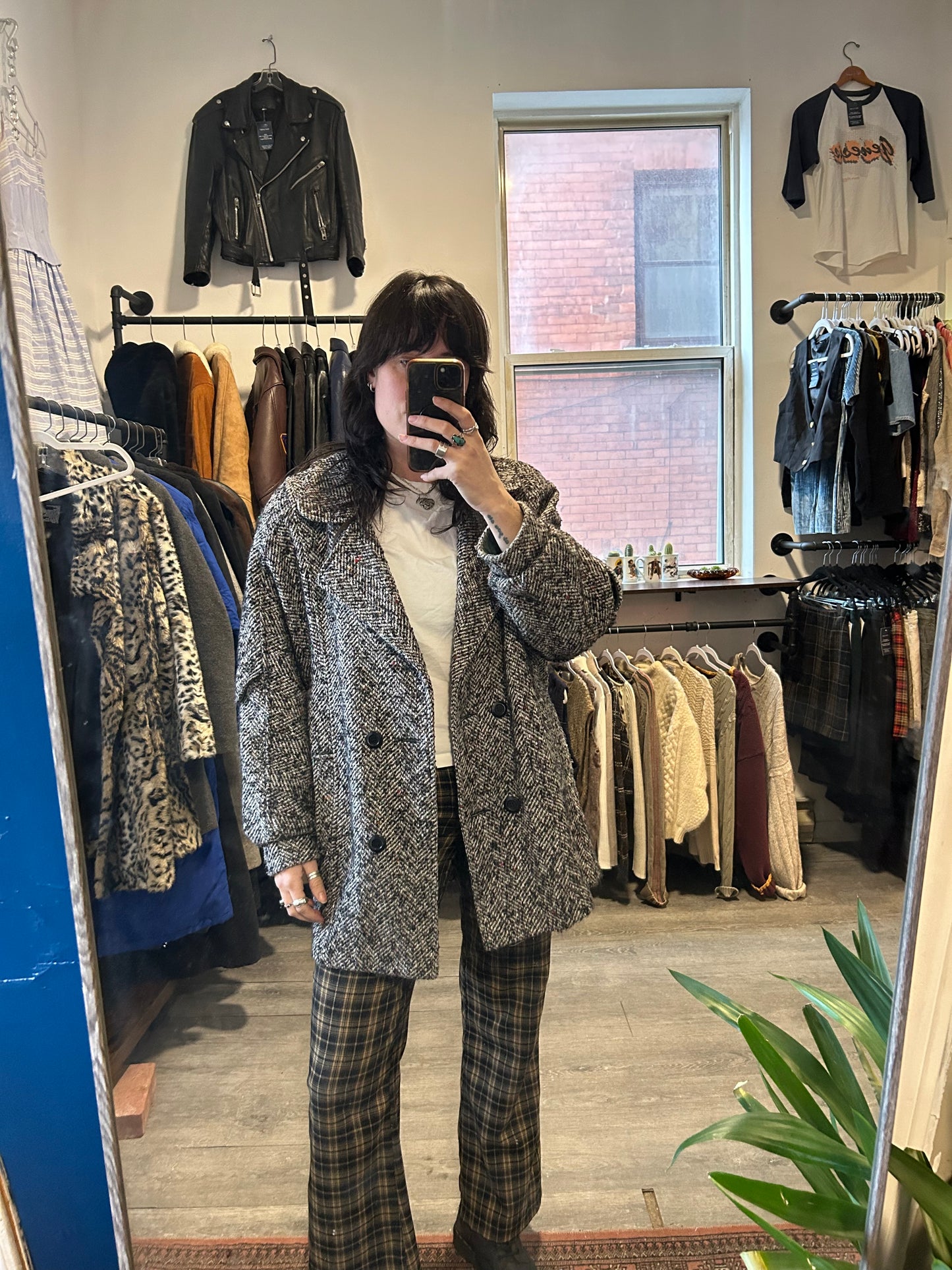 80’s Vintage Tweed Double Breasted Slouchy Midi Coat / Size L