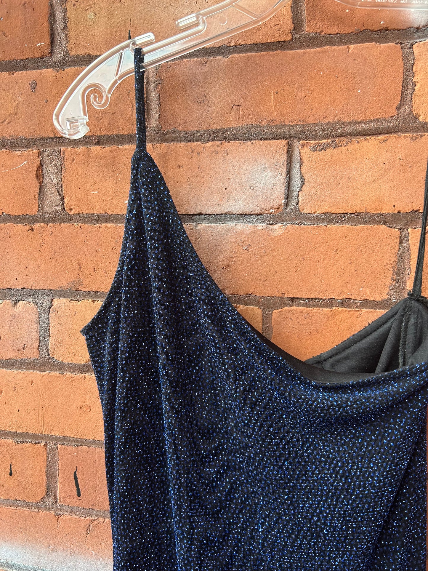 90’s Vintage Sparkly Midnight Blue One Shoulder Tie Back Dress / Size 6-8