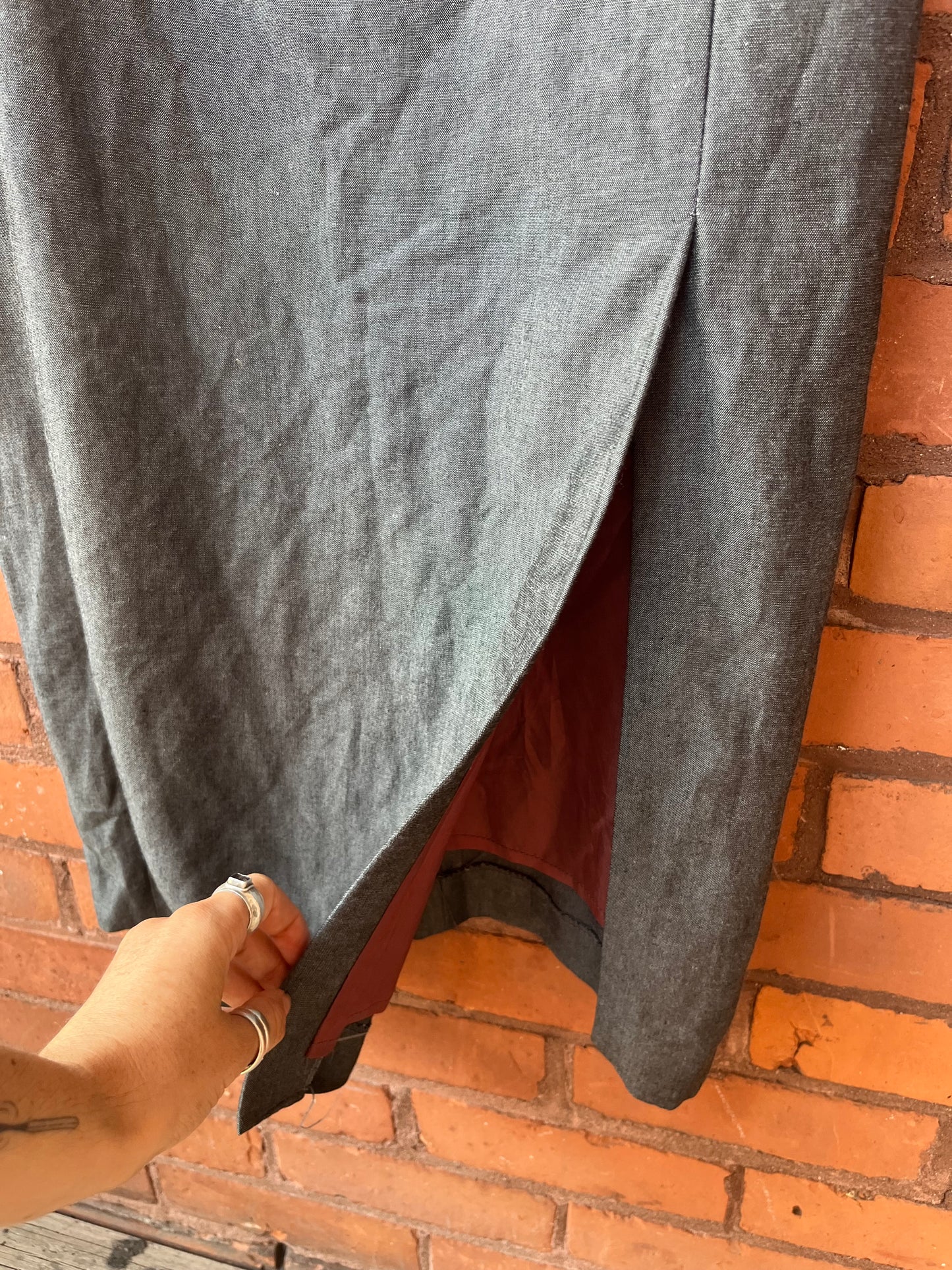 90’s Vintage Grey Square Neck Linen Blend Midi Dress / Size 6-8