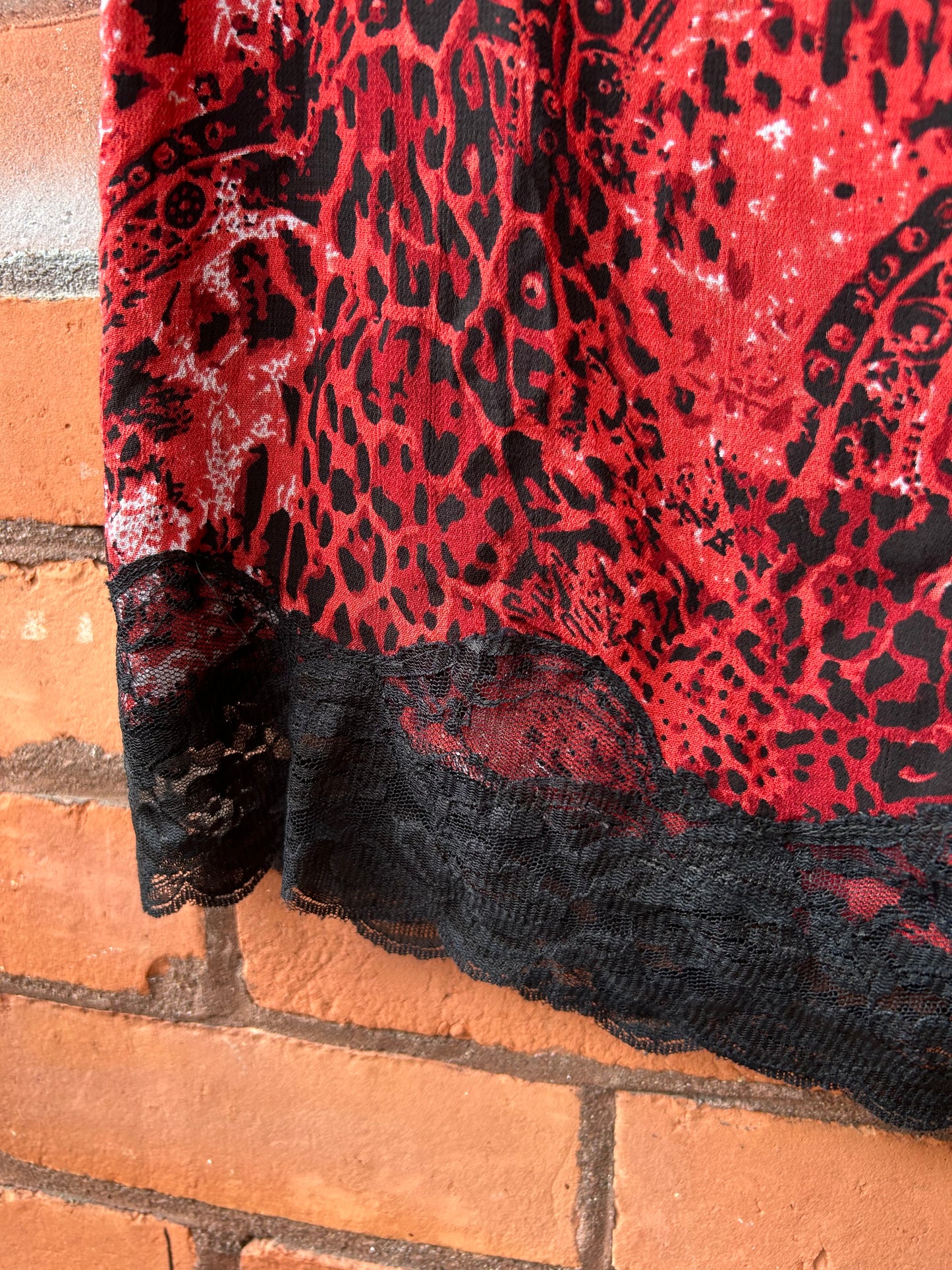 Y2K Vintage Red Leopard Lace Trim Midi Skirt / 34-38 Waist