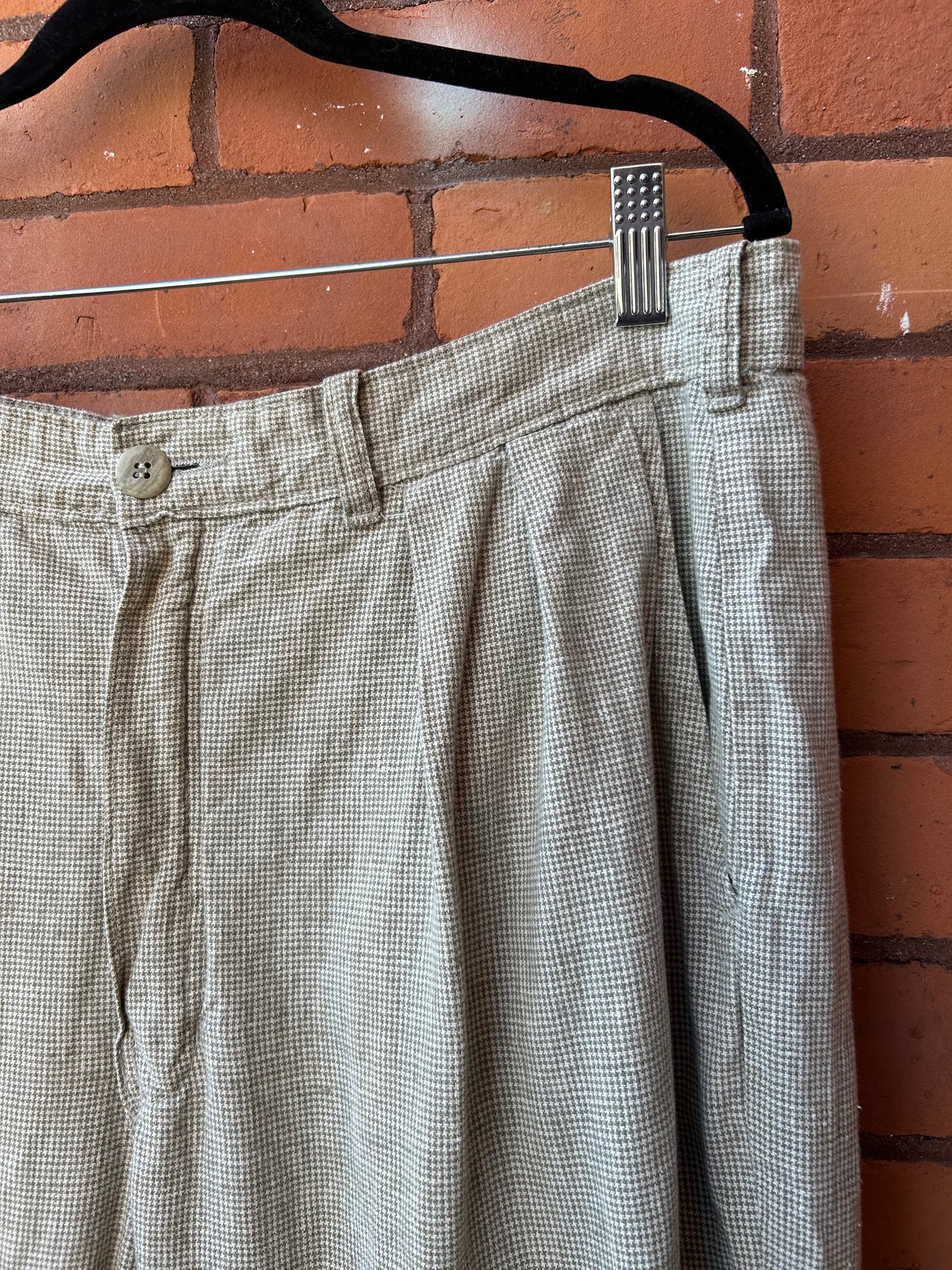 90’s Vintage Sage & Cream Gingham Linen Blend Trousers / 36 Waist