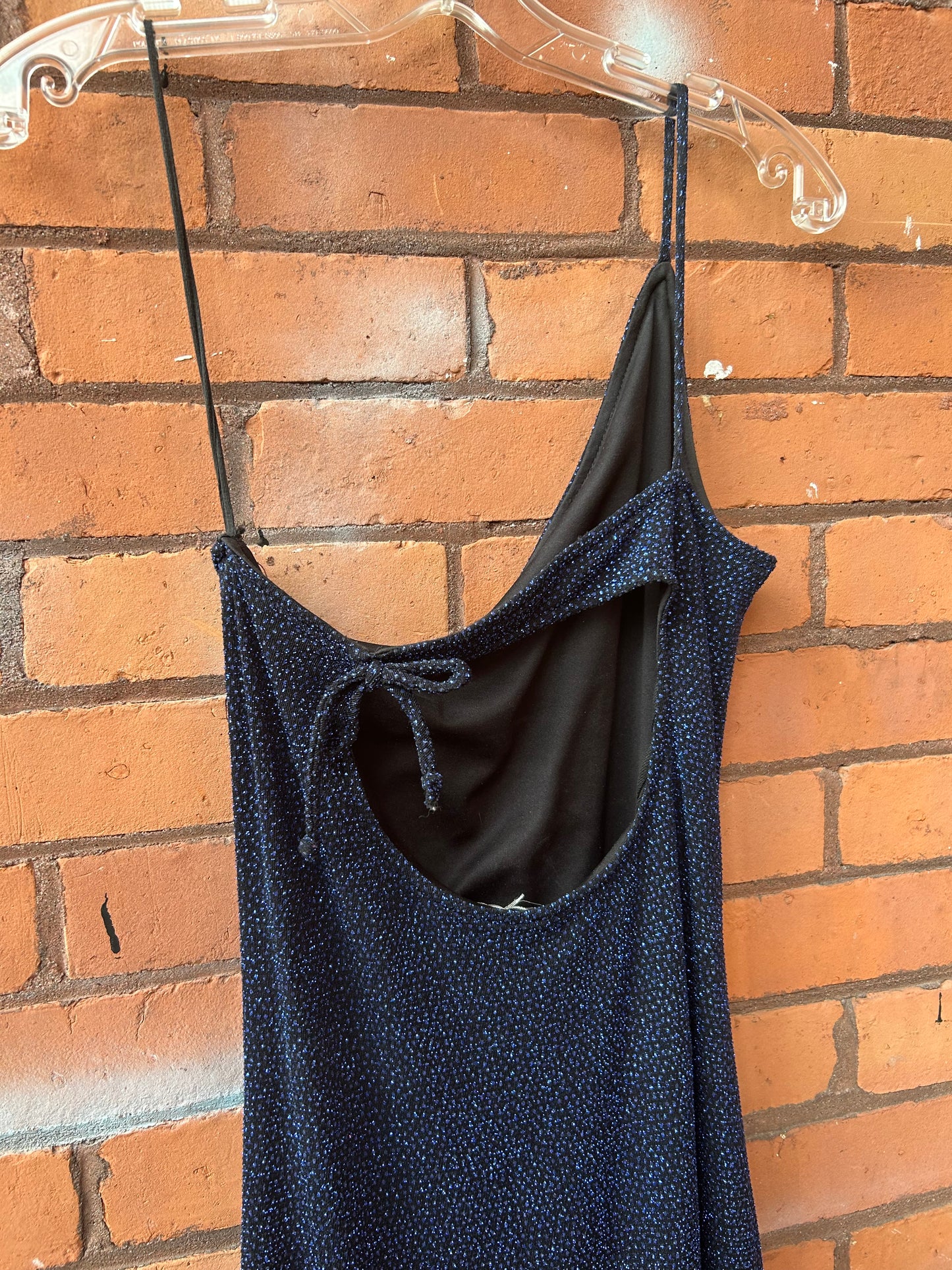 90’s Vintage Sparkly Midnight Blue One Shoulder Tie Back Dress / Size 6-8