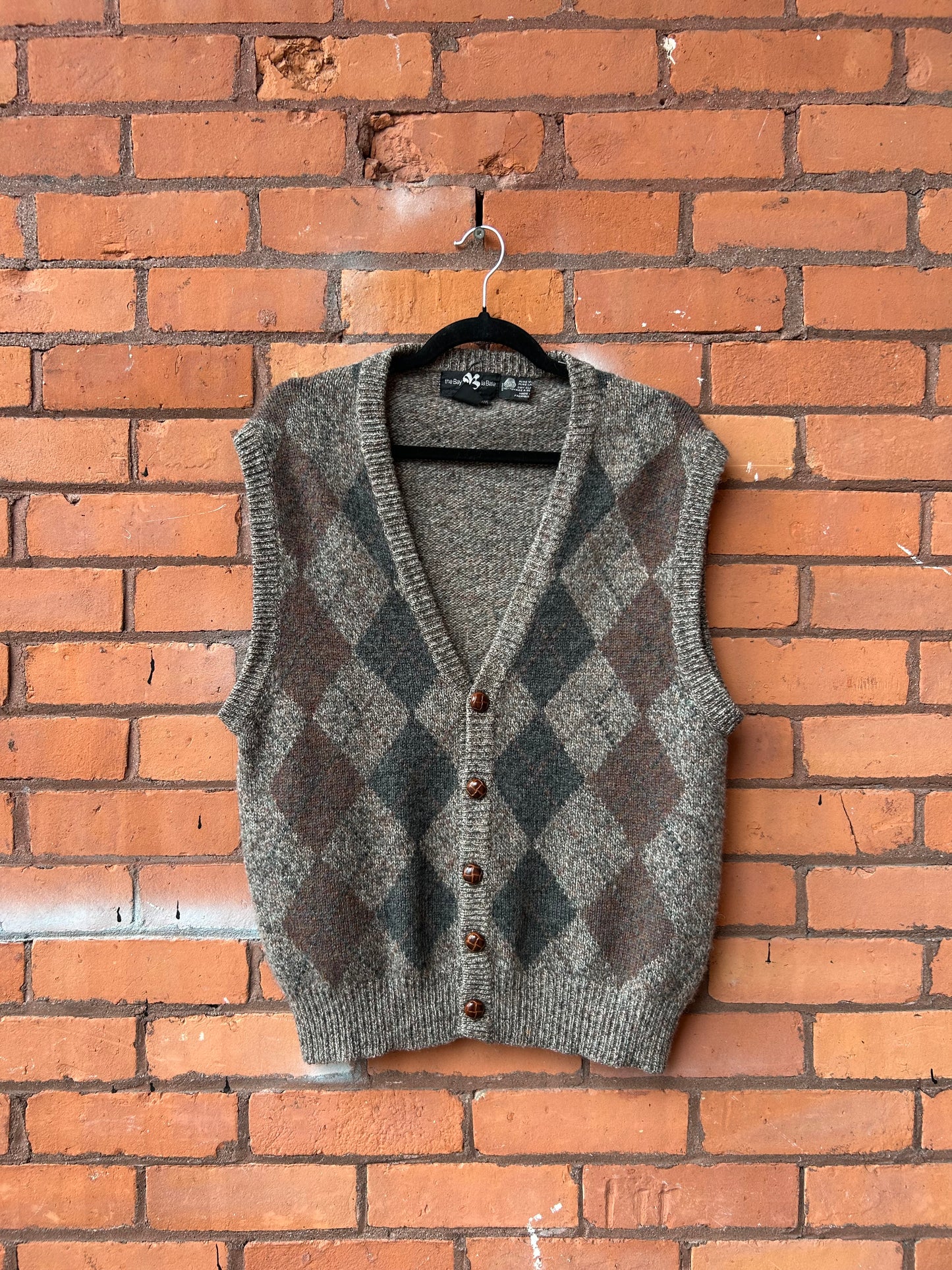 90’s Vintage Taupe Argyle Wool Sweater Vest / Size M
