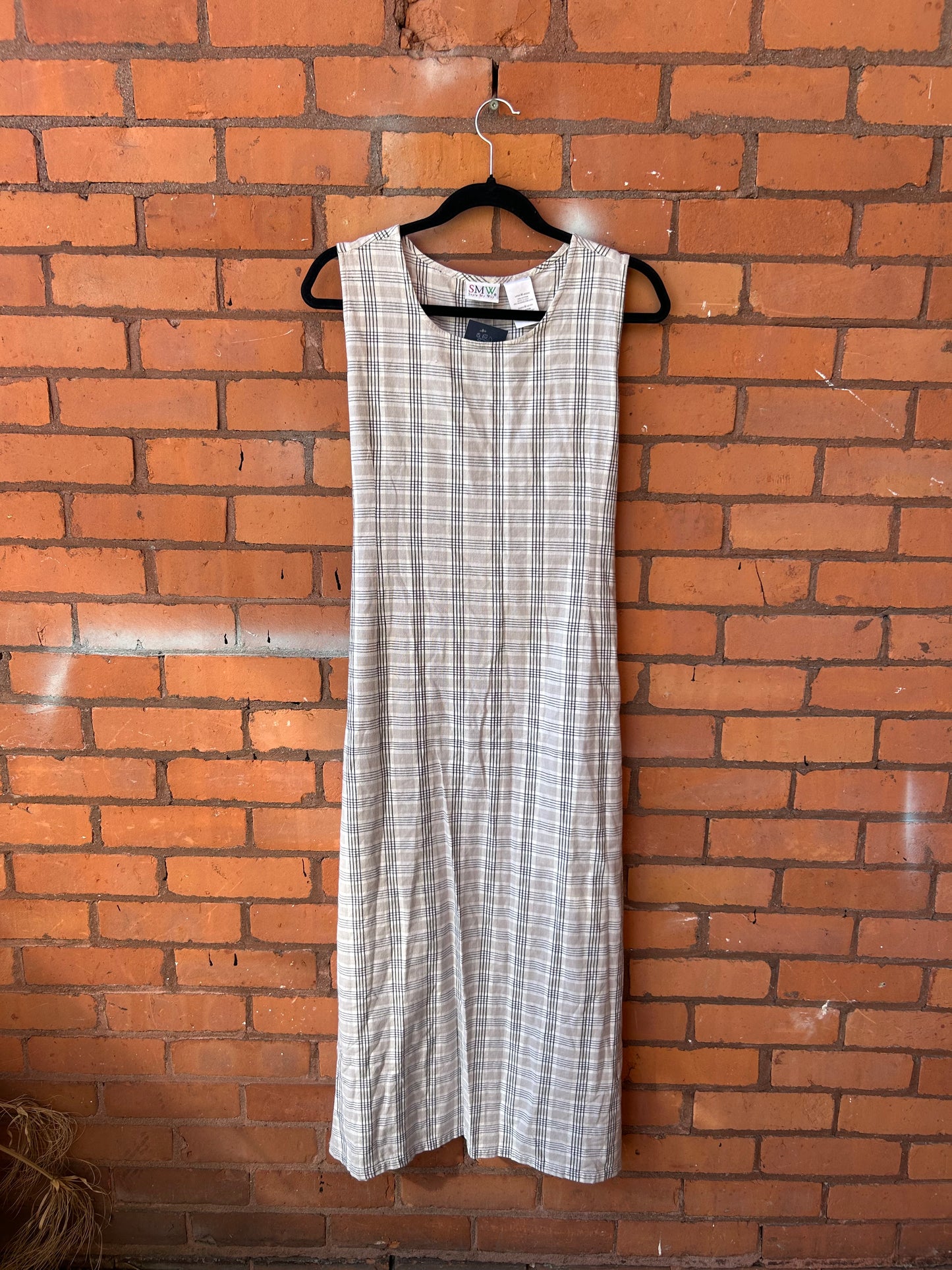 90’s Vintage Beige & White Plaid Cotton Button Side Maxi Dress/ Size M