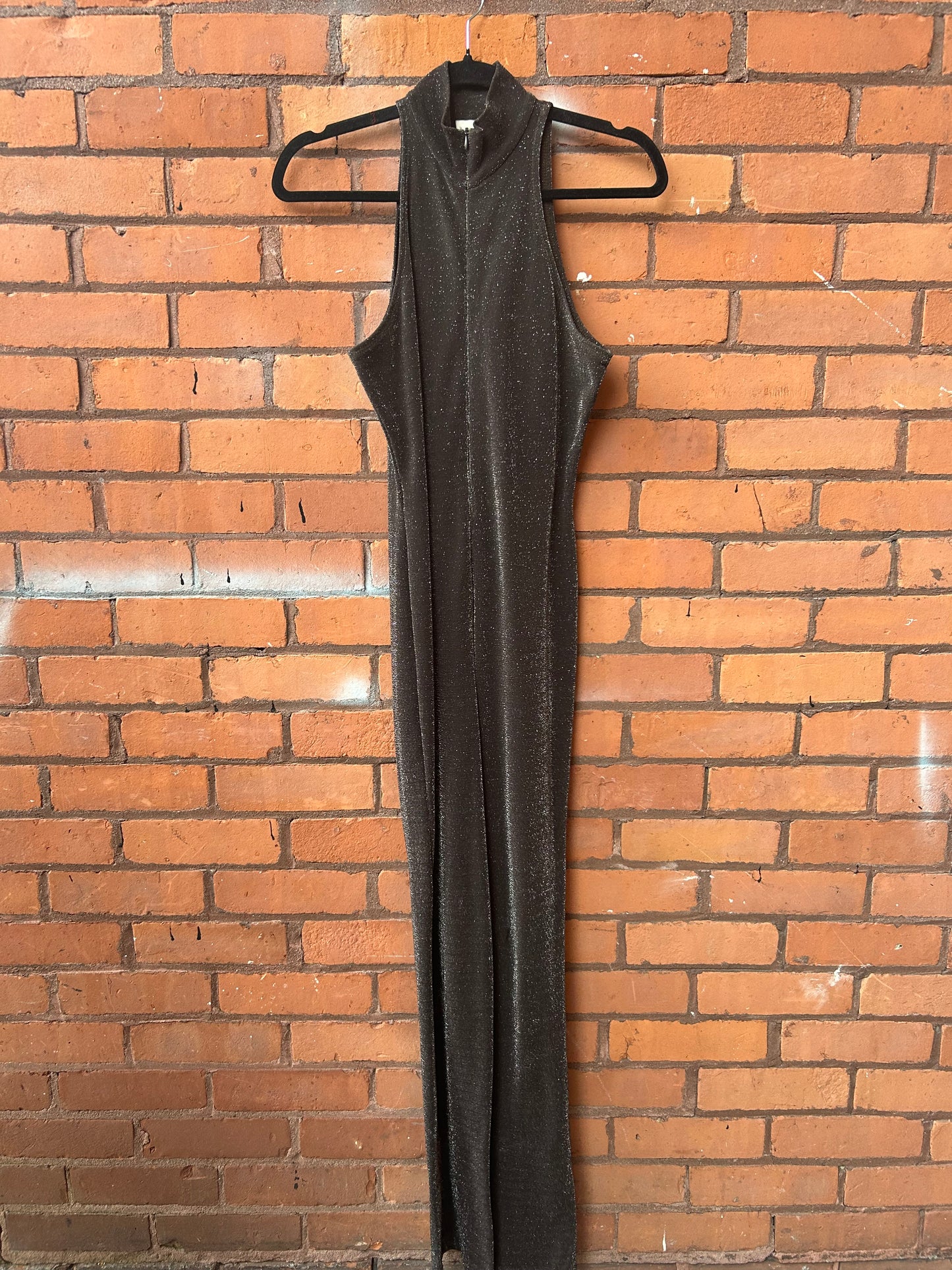 90’s Vintage Brown Sparkly Zip Up Cat Suit / Size S