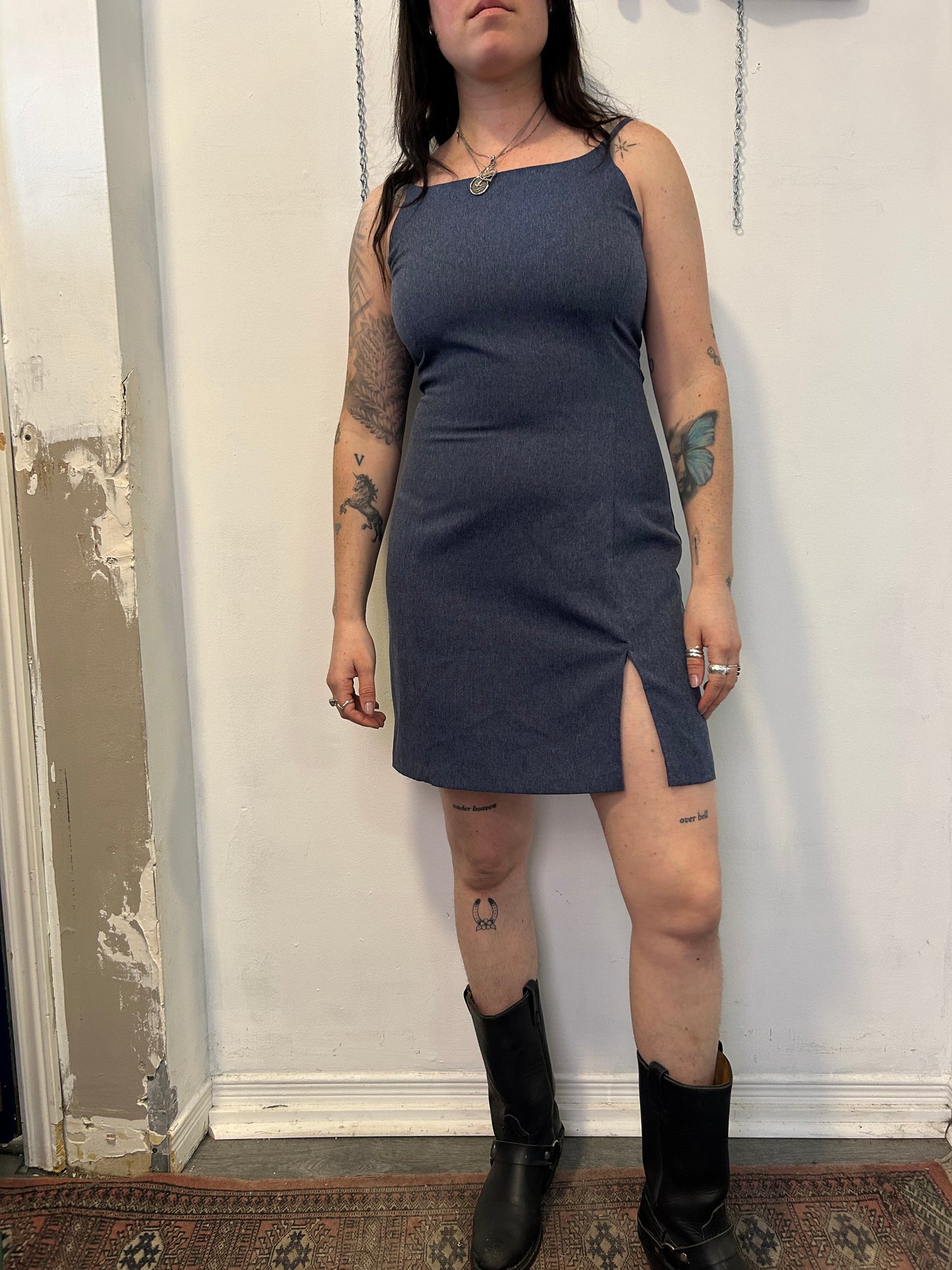 90’s Vintage Blue High Neck Mini Dress / Size 8-10