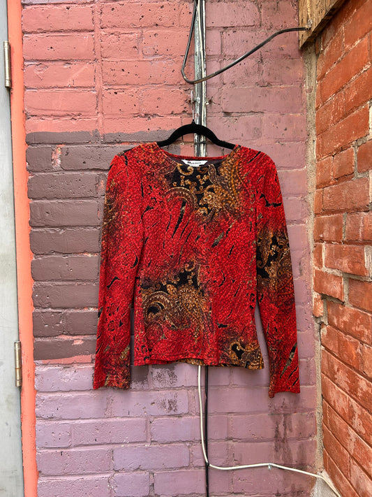 90's Vintage Red 7 Orange Paisley Longsleeve / Size S