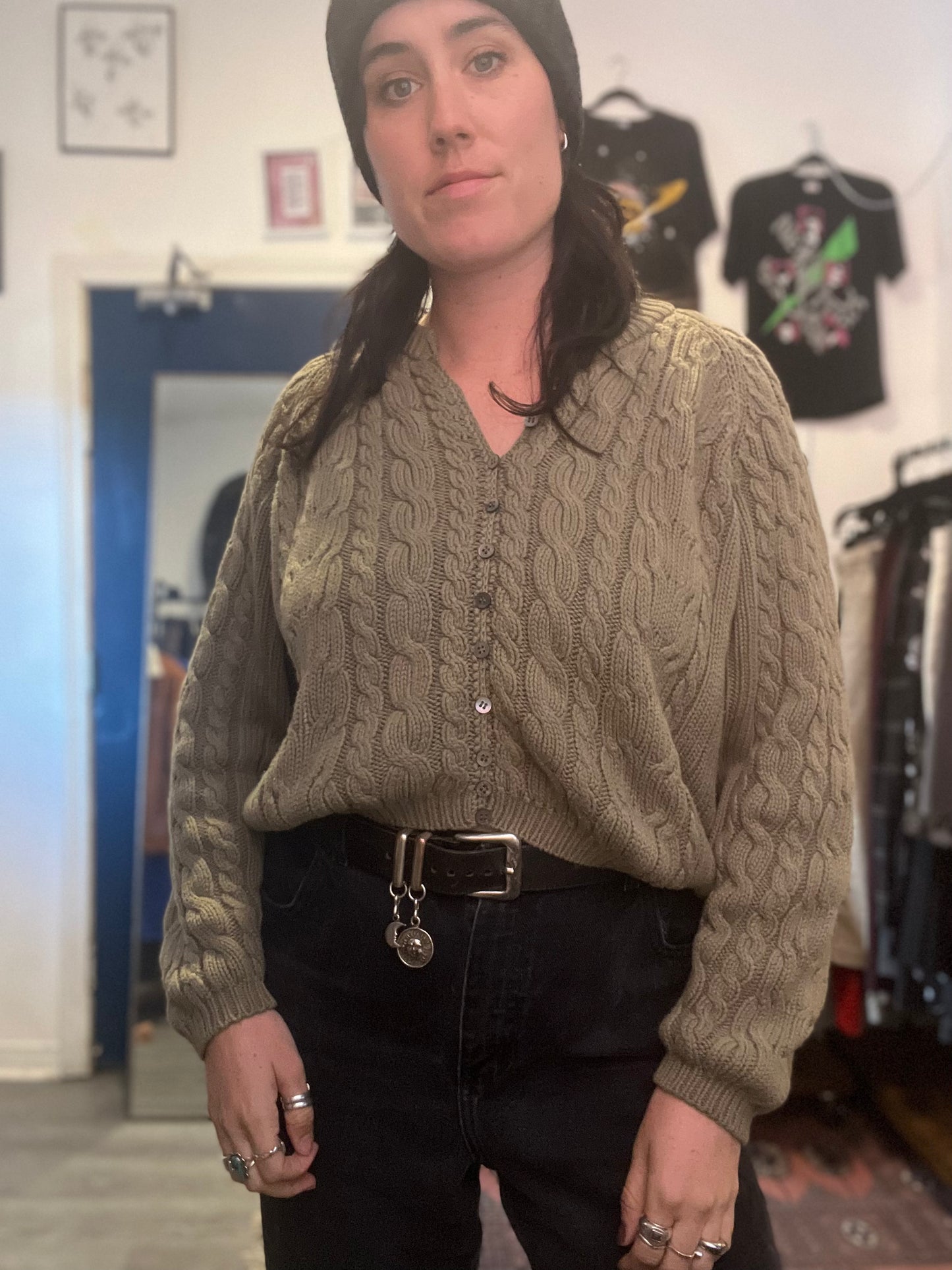 90’s Vintage Sage Green Cable Knit Cropped Cardigan / Size M
