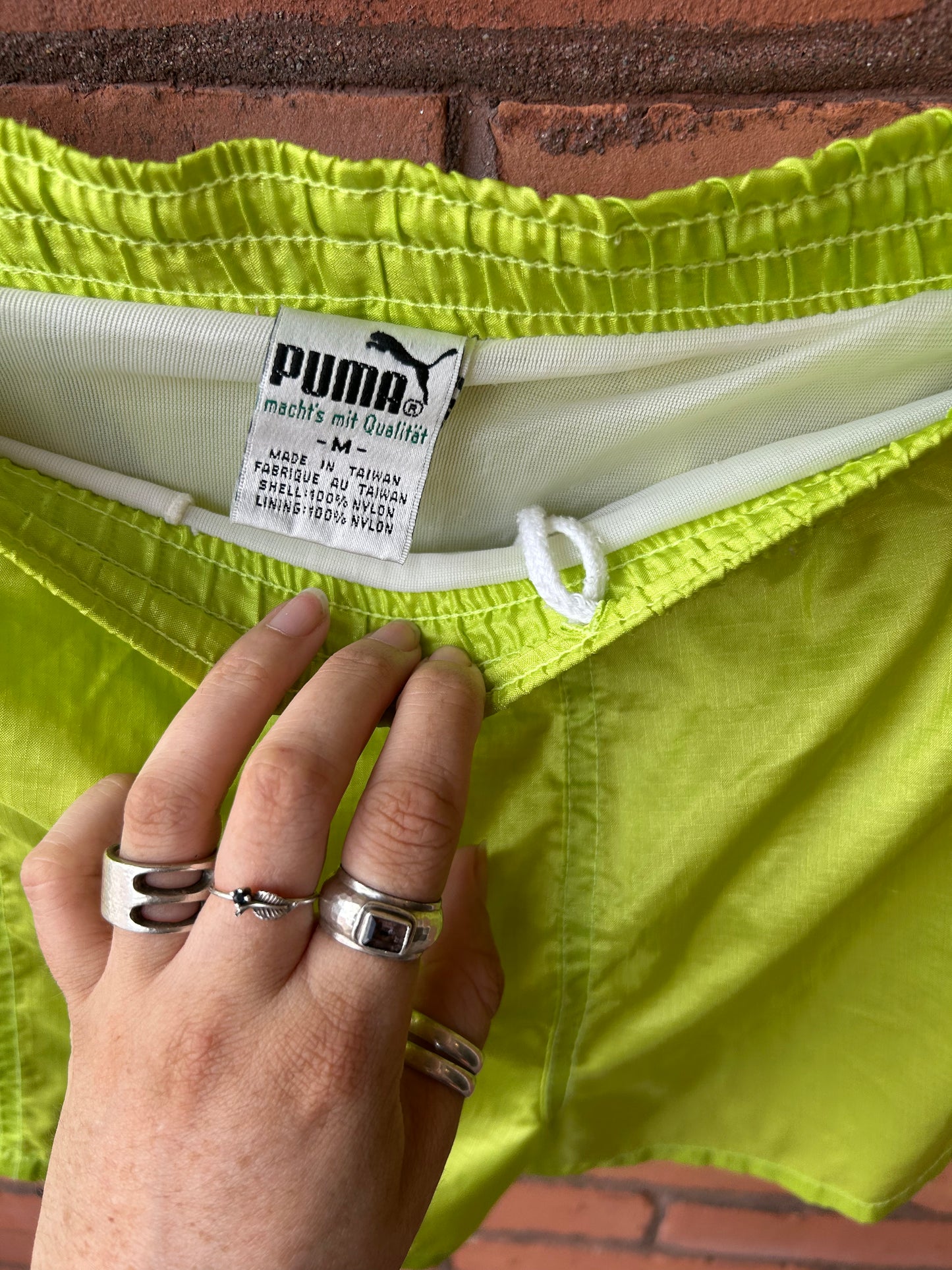 90’s Vintage Puma Fluorescent Green Swim Shorts / 36 - 38 Waist