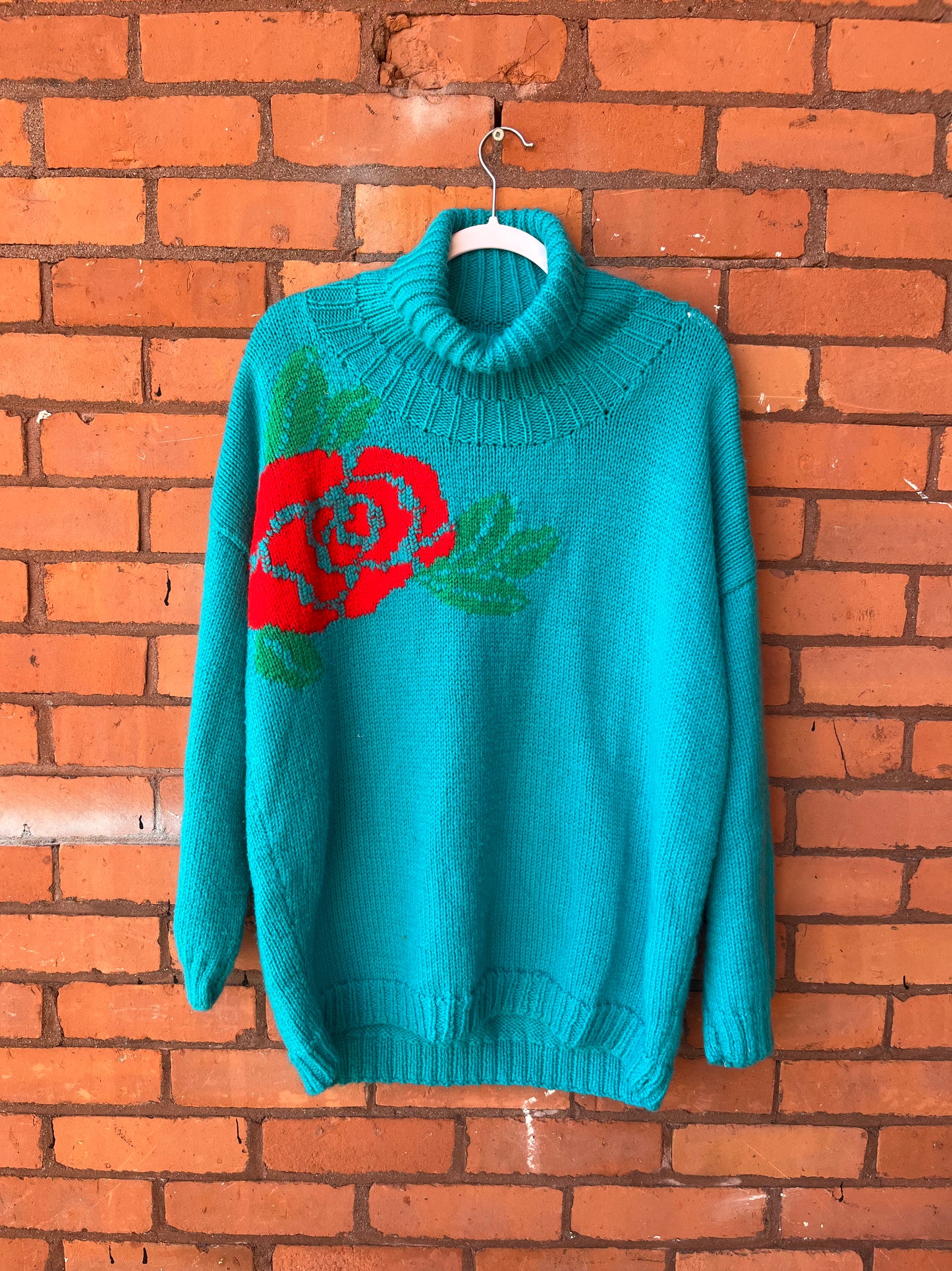 90’s Vintage Handmade Turquoise Rose Sweater / Size XL